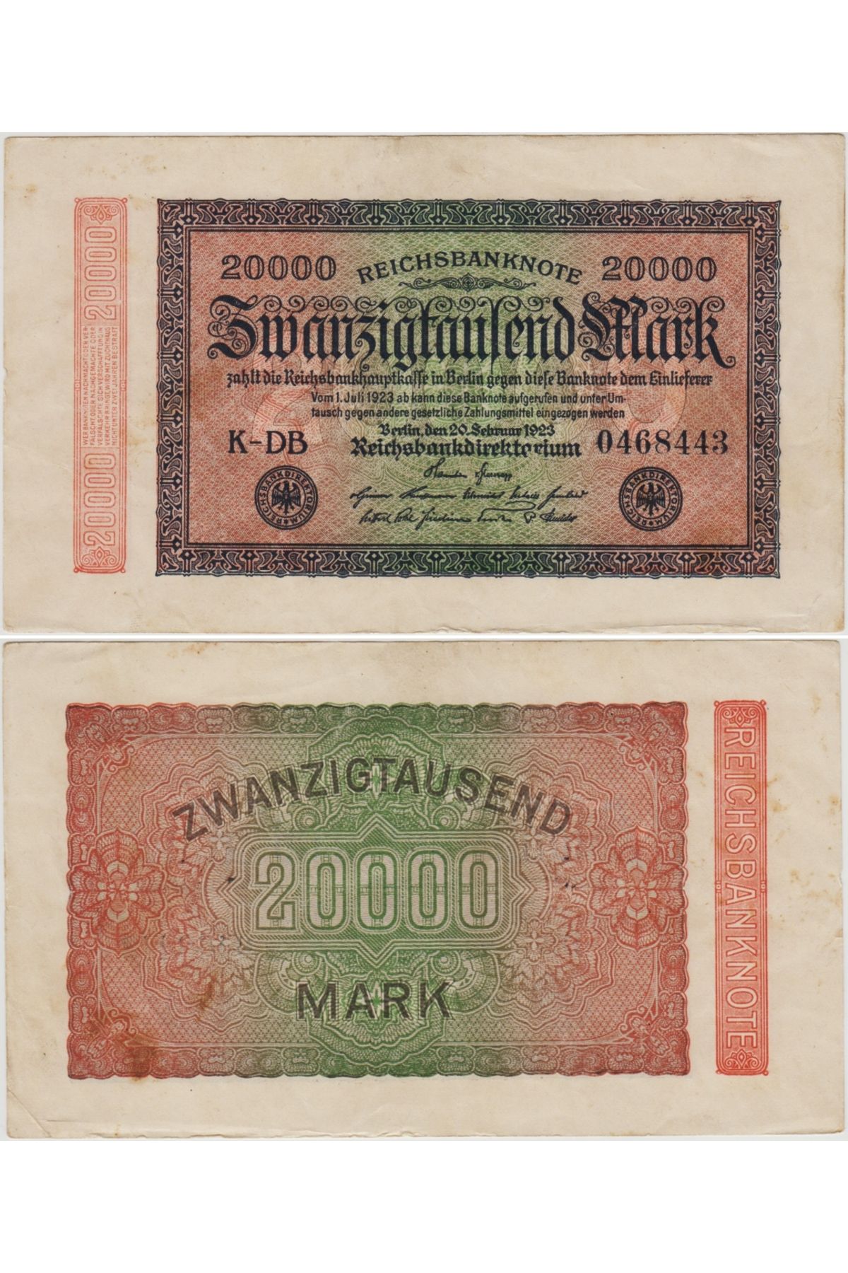 Banknoting ALMANYA 20.000 MARK 1923 WEİMAR CUMHURİYETİ DÖNEMİ . 1923-25 ARASI KULLANILMIŞTIR. ÇOK ÇOK TEMİZ KON