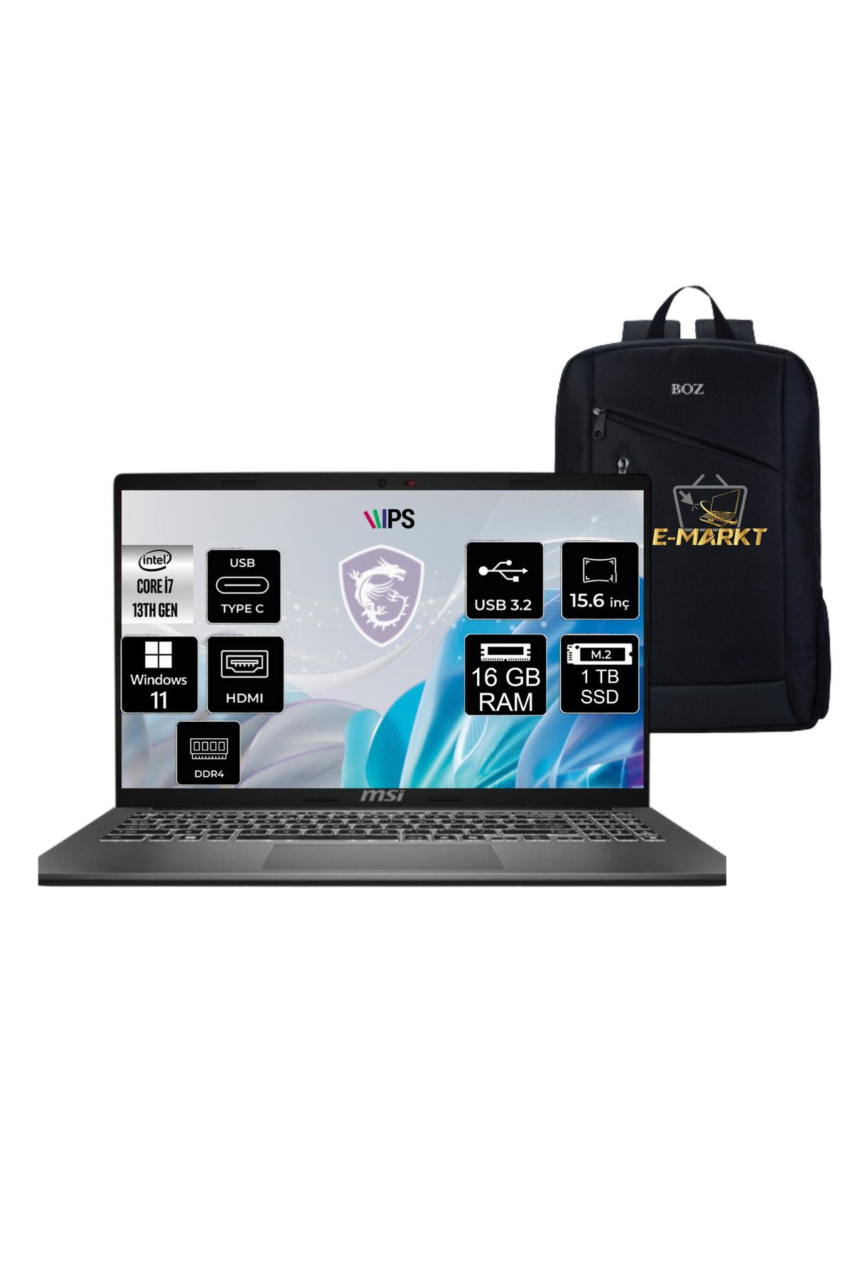 MSI MODERN 15 F13MG-098XTR Intel Core i7 1355U 16GB 1TB SSD WIN11 15.6" FHD NB + Boz çanta