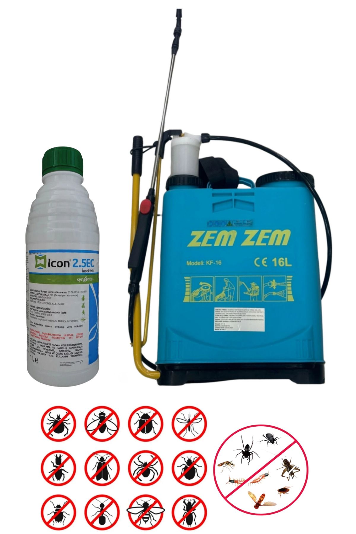 Icon Bahçe Çiftlik Haşere Böcek Sinek İlaçlama Set/Icon 2.5EC 1000ML/16LT Kollu Manuel İlaçlama Pompası