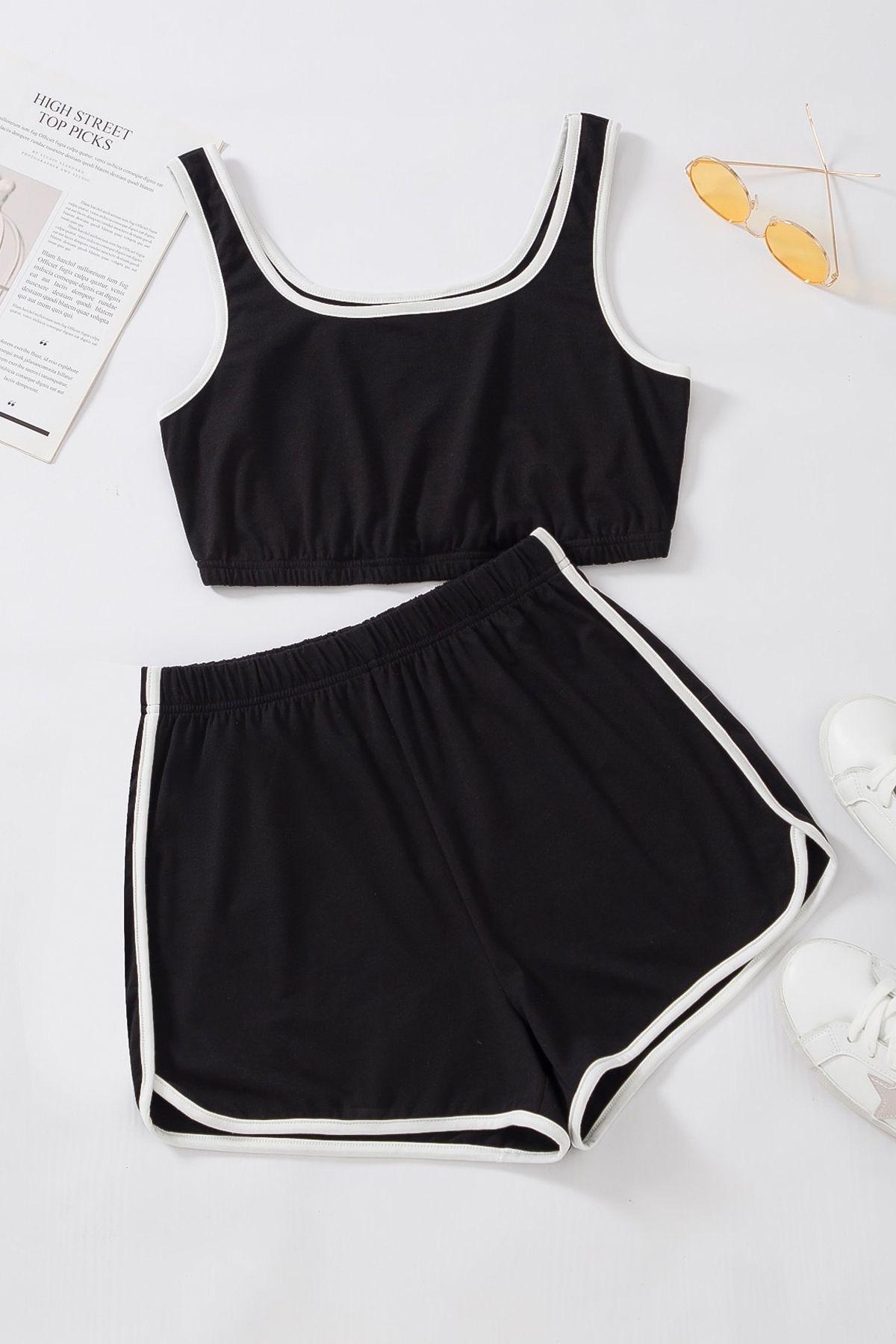 ALFA AKSESUAR 03 Kadın Siyah Askılı Crop Top Ve Şortlu Gecelik Takım