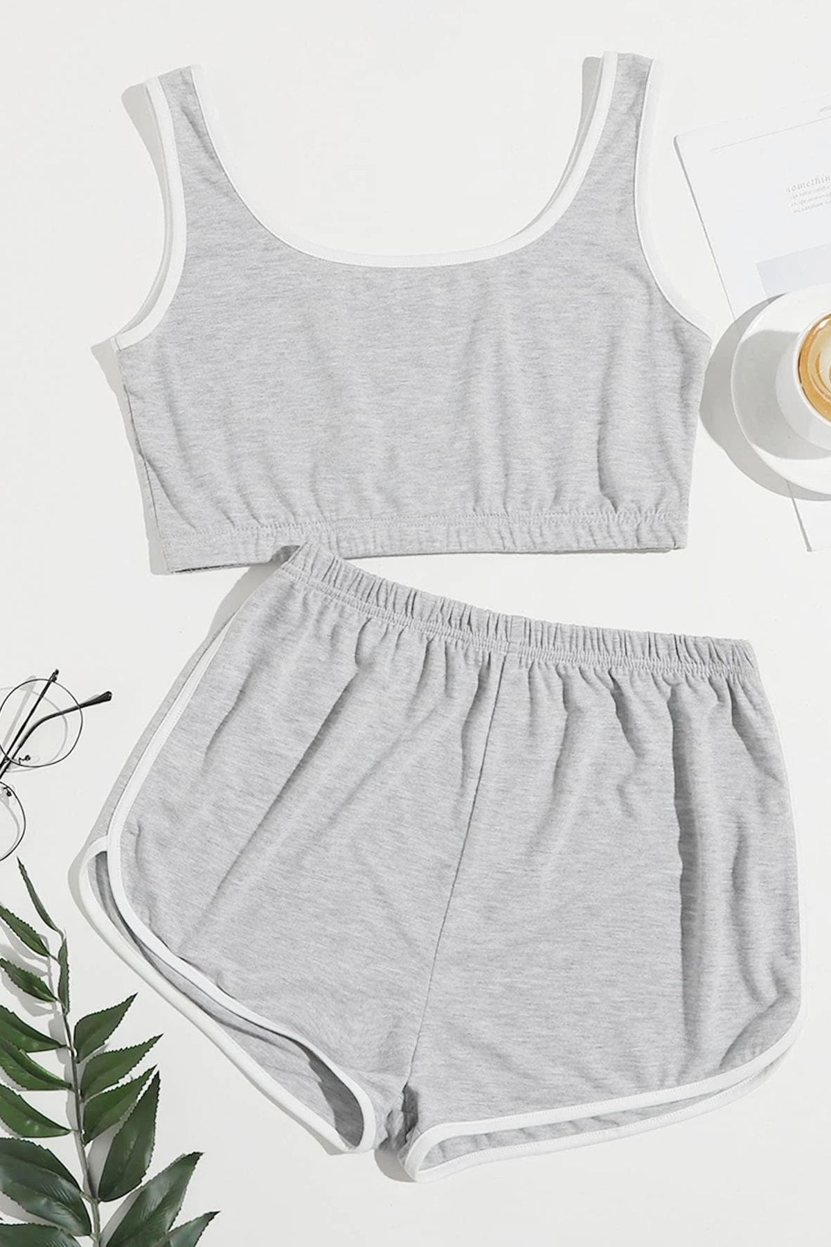 ALFA AKSESUAR 03 Kadın Gri Askılı Crop Top Ve Şortlu Gecelik Takım