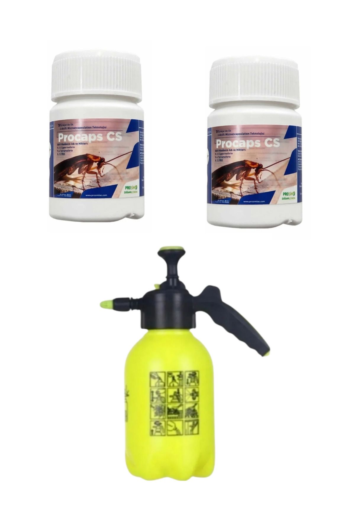 PROSİM Procaps CS 50ML 3 Aktif Maddeli Pire Kene Gümüş Böceği İlacı 2 Adet/2Lt İlaçlama Pompası