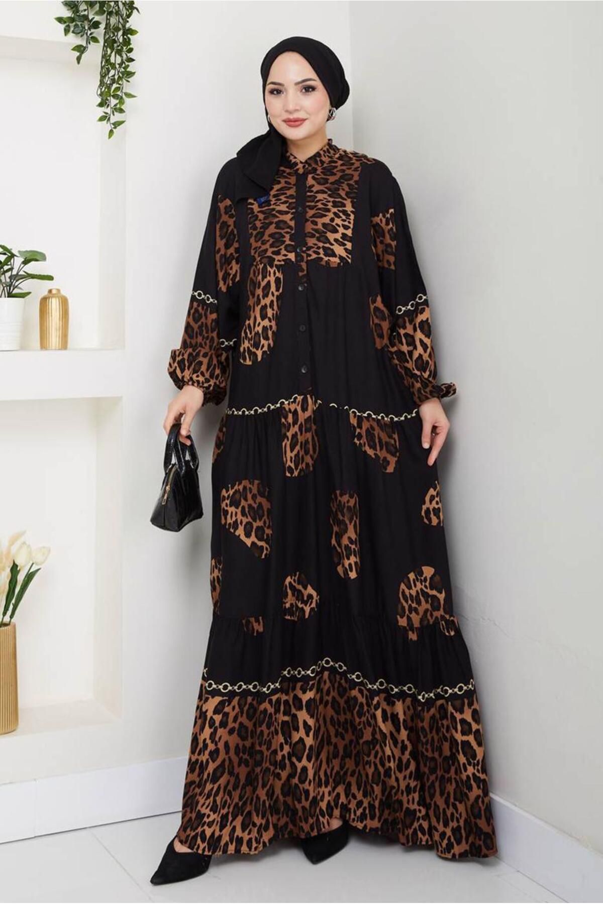 TRENDTESETTÜR KADIN SİYAH LEOPAR DESENLİ ELBİSE T 1995