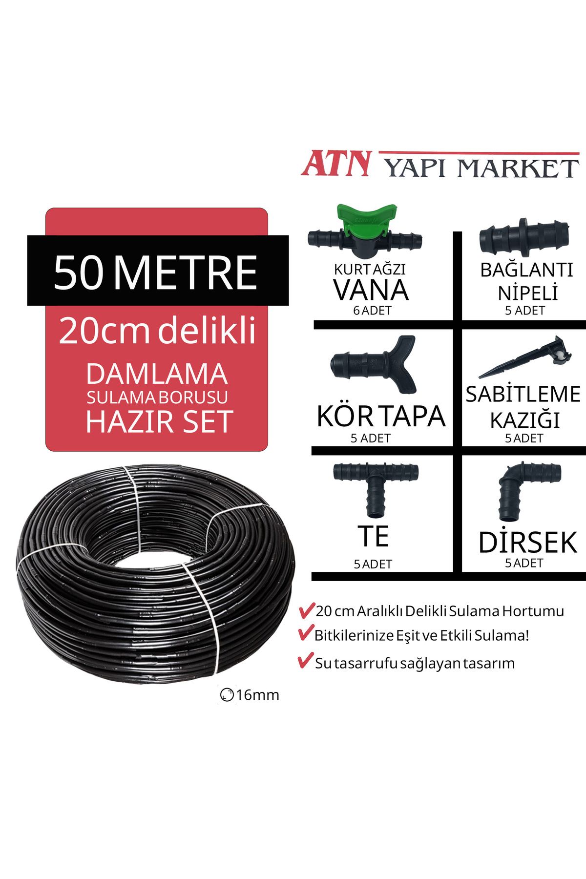 ATN 50 Metre 20cm Delikli Damlama Sulama Borusu Hortumu Seti – 16mm Bahçe Sulama Kiti Ek Parçalar