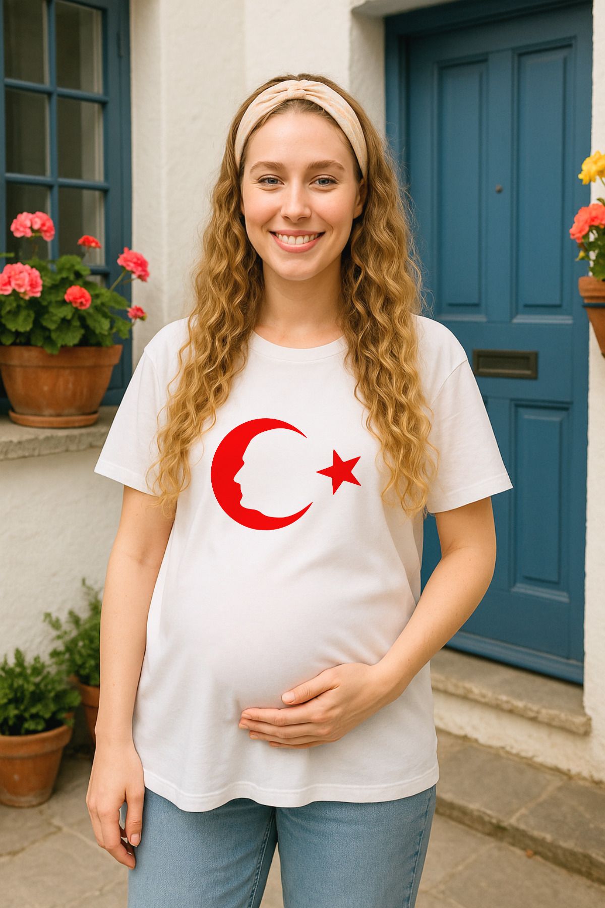 TARZ STİL Premium Yumuşak Penye Kumaşlı Ay Yıldız baskılı Hamile Tişörtü 10054