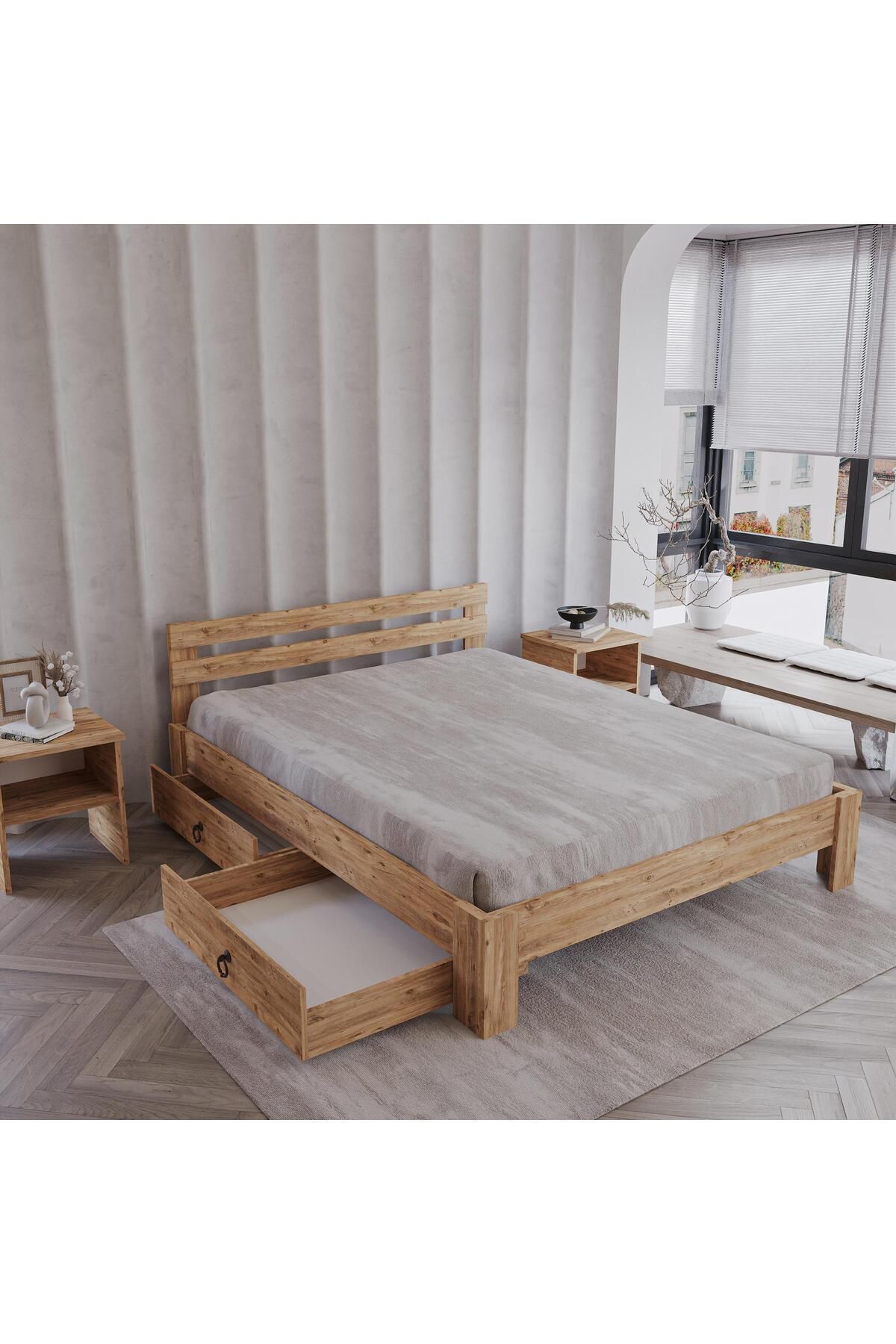 RENAZZO 2 Çekmeceli Letto Atlantik Mdf Karyola | Tek Ve Çift Kişilik Yatak Uyumlu, Kolay Kurulum