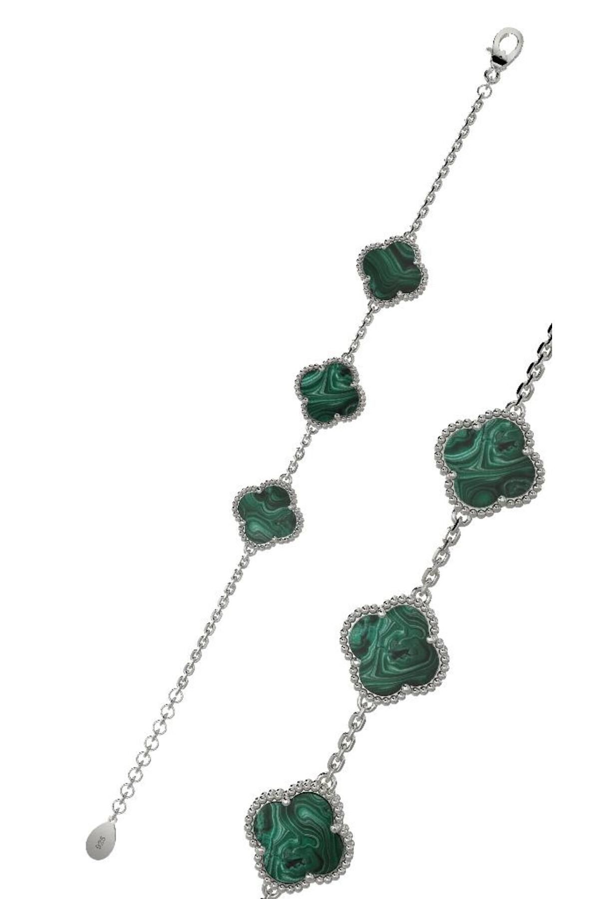 Roza Silver 925 Ayar Yeşil Kaplangözü Taşlı Rodyum Üçlü Yonca Gümüş Bileklik