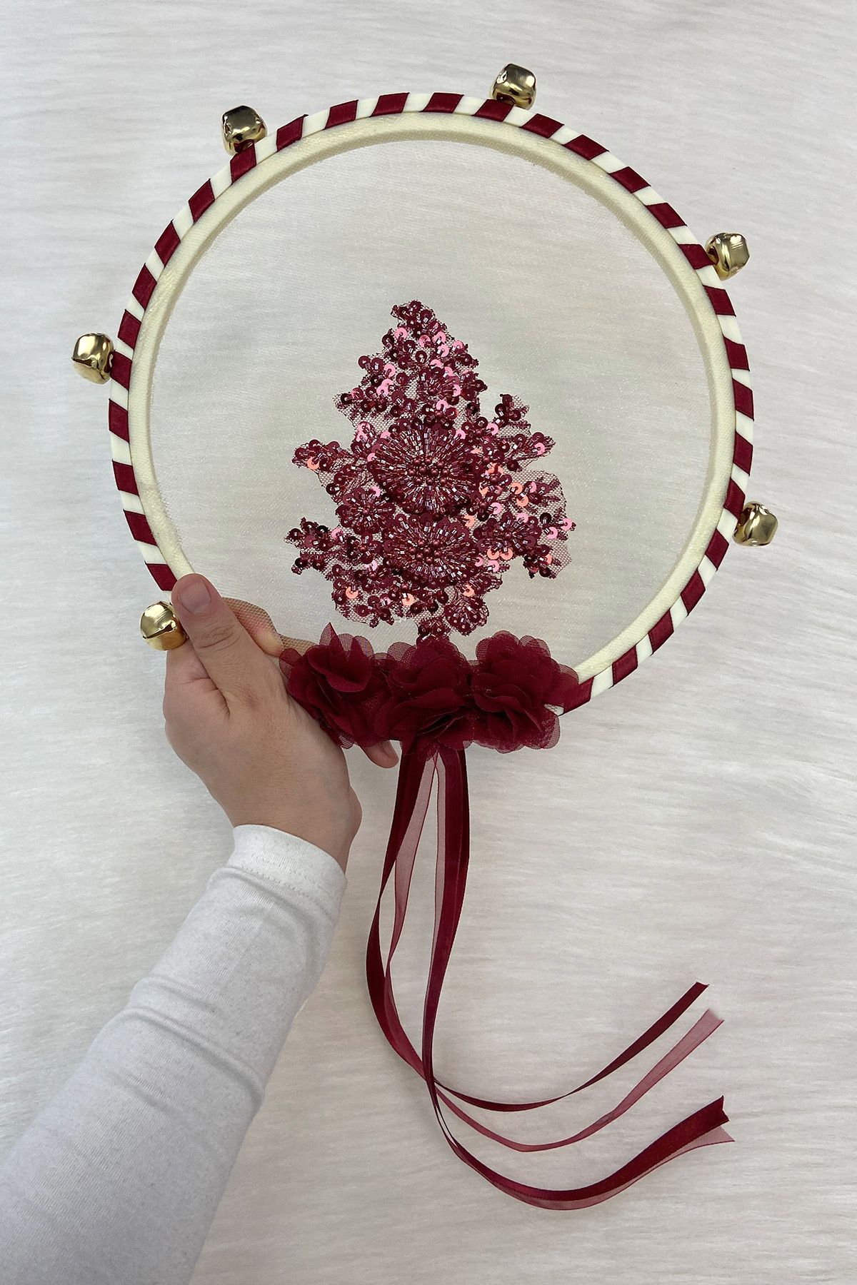 ZEYMERADE Vip Aplikli Gelin Tefi Bordo, Nedime Düğün Kına Gecesi Sünnet Bekarlığa Veda Bride Zilli 27cm 1 Adet