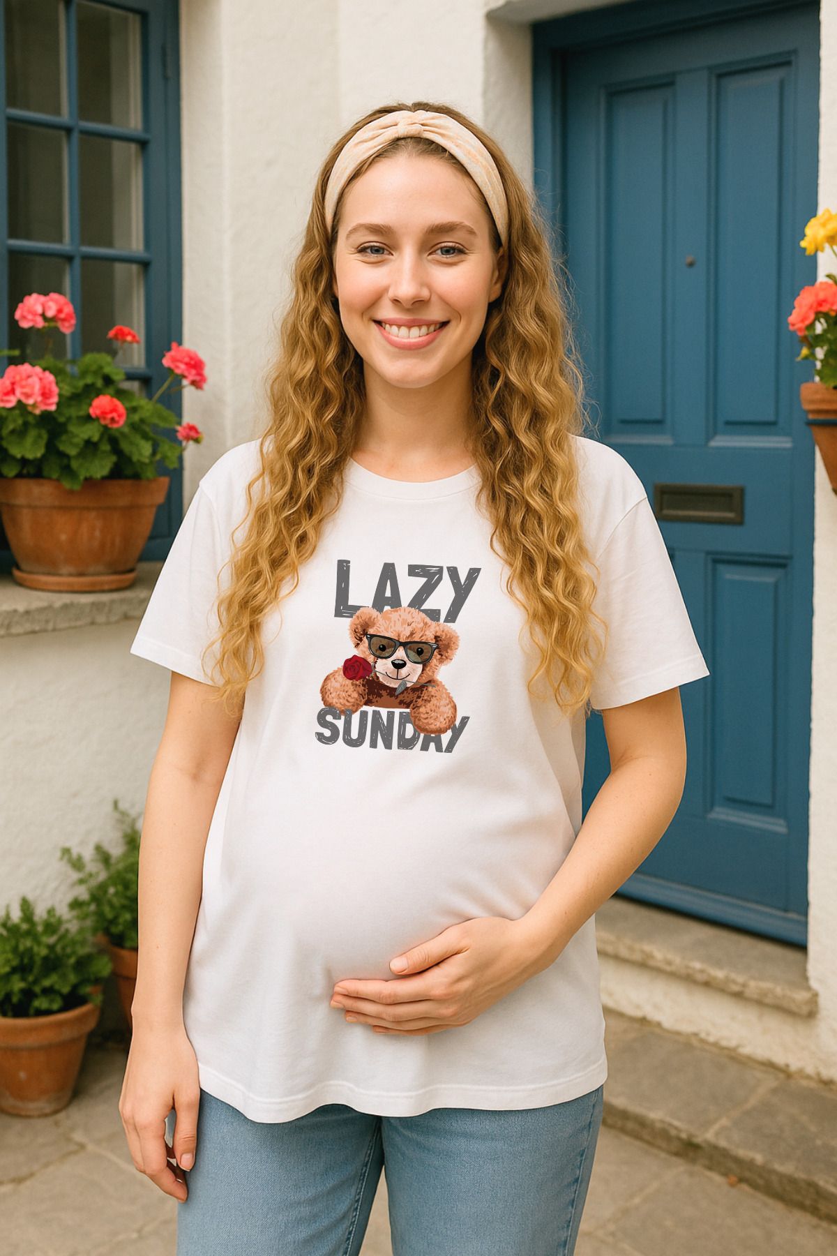 TARZ STİL Premium Yumuşak Penye Kumaşlı Lazy Sunday baskılı Hamile Tişörtü 12659