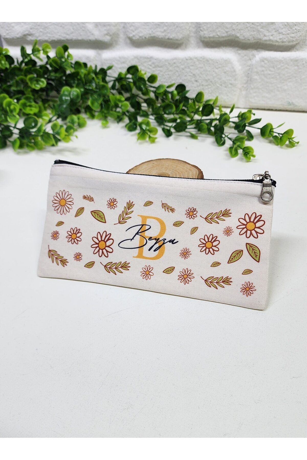 happy mountains Kişiye Özel İsimli Kalemlik Papatya ve Yaprak Desenli Kişiye Özel Kalemlik Bez Mini Organizer