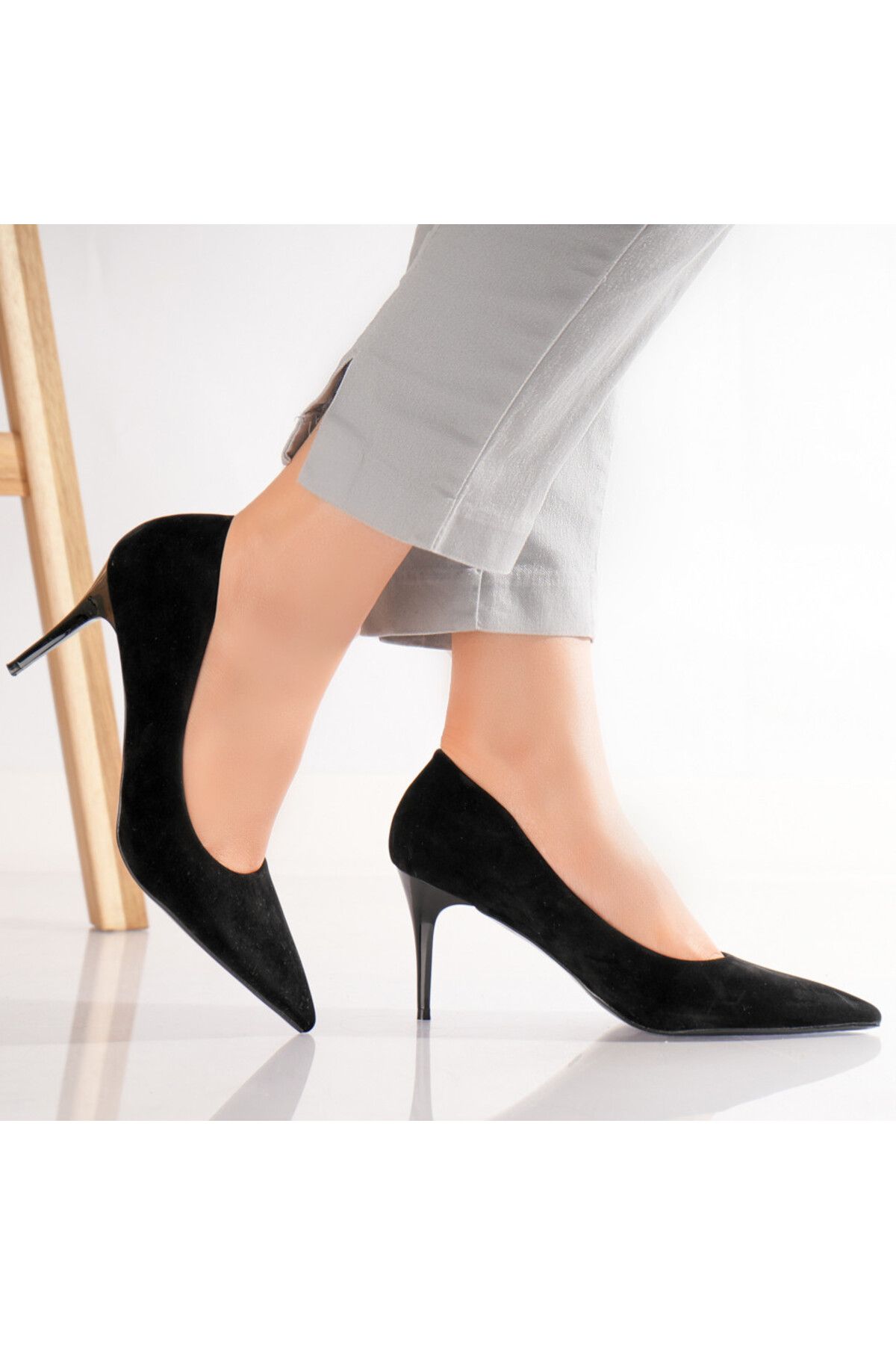 MODA STİL-Women's Black Heeled Shoes Made of Velu Eco-Suede Leather, 38 2