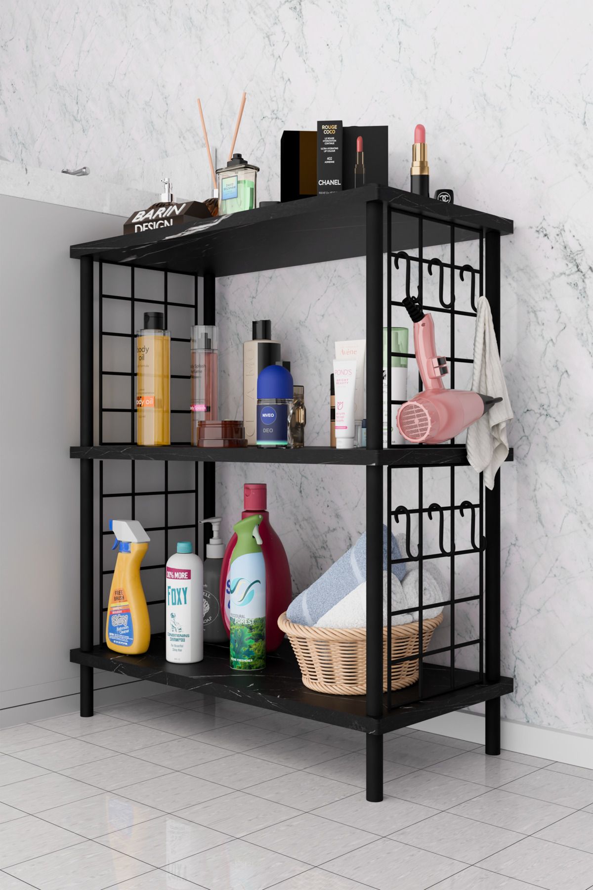 BARIN DESIGN 3Raflı Telli Çevir Kur Çok Amaçlı Banyo Rafı Dolabı Metal Gövdeli Organizer Düzenleyici Saklama Rafı