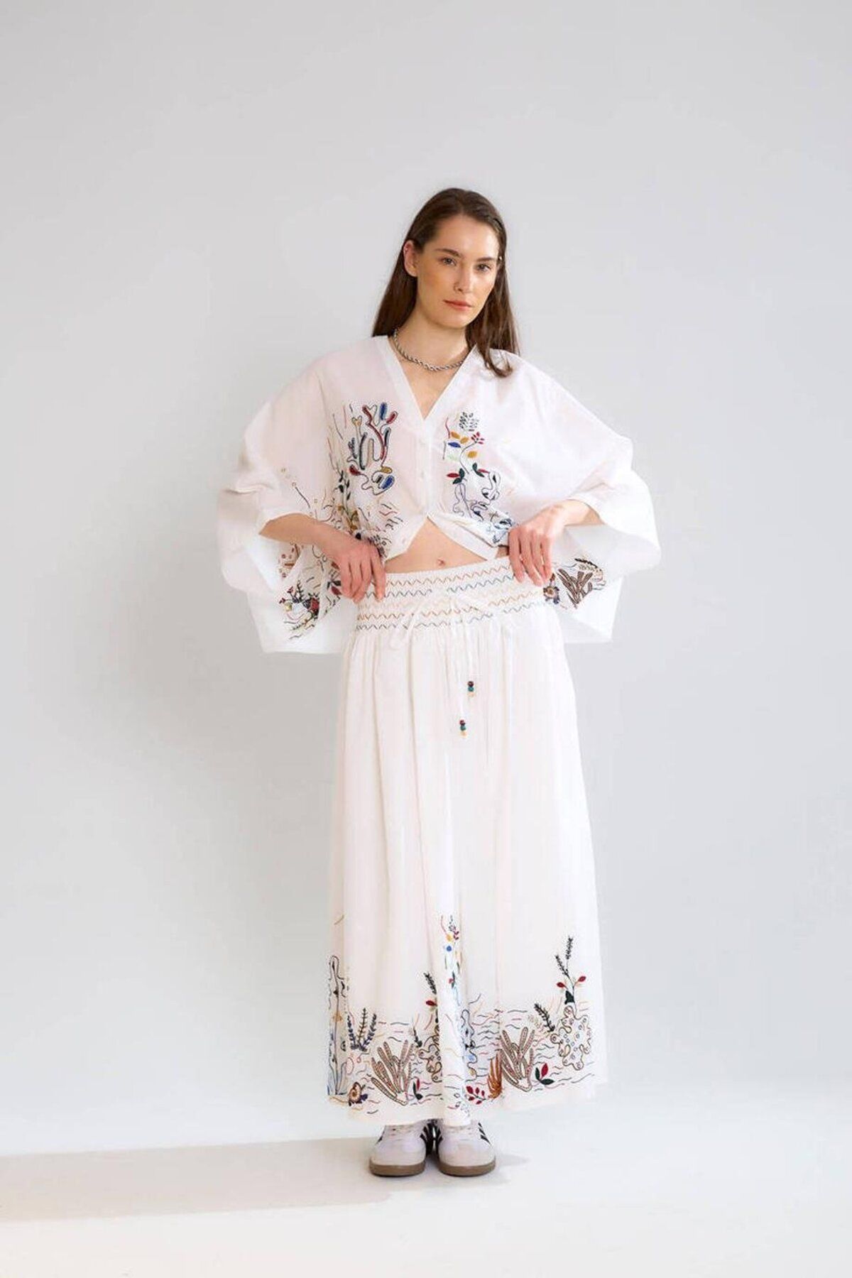 Nazen Giyim NAKIŞ İŞLEMELİ BELİ LASTİKLİ EKRU KADIN ETEK M37055-2Y5