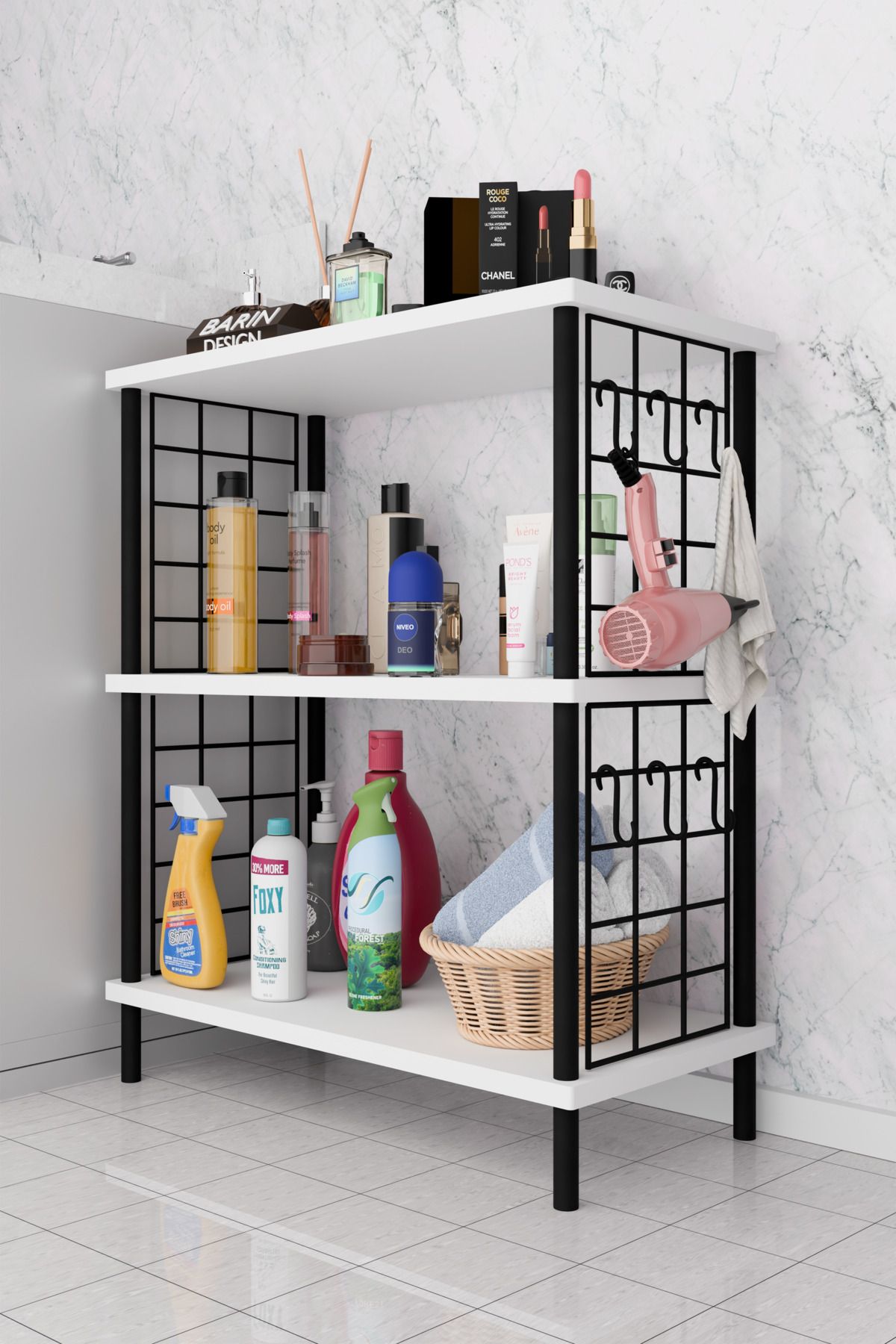 BARIN DESIGN 3Raflı Telli Çevir Kur Çok Amaçlı Banyo Rafı Dolabı Metal Gövdeli Organizer Düzenleyici Saklama Rafı