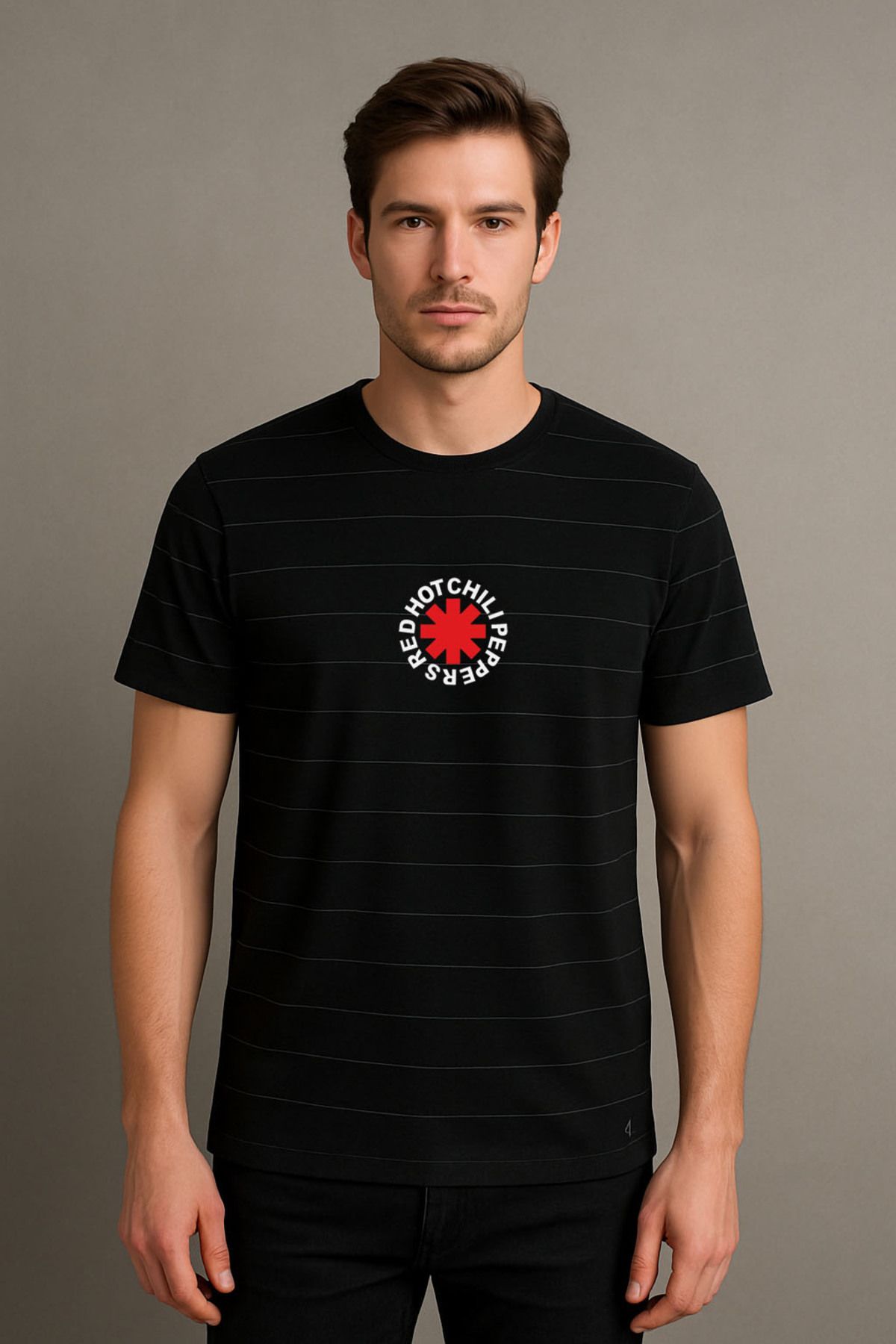 sielta Red Hot Chili Peppers Baskılı Çizgili Bisiklet Yaka Unisex Siyah Tişört T-shirt