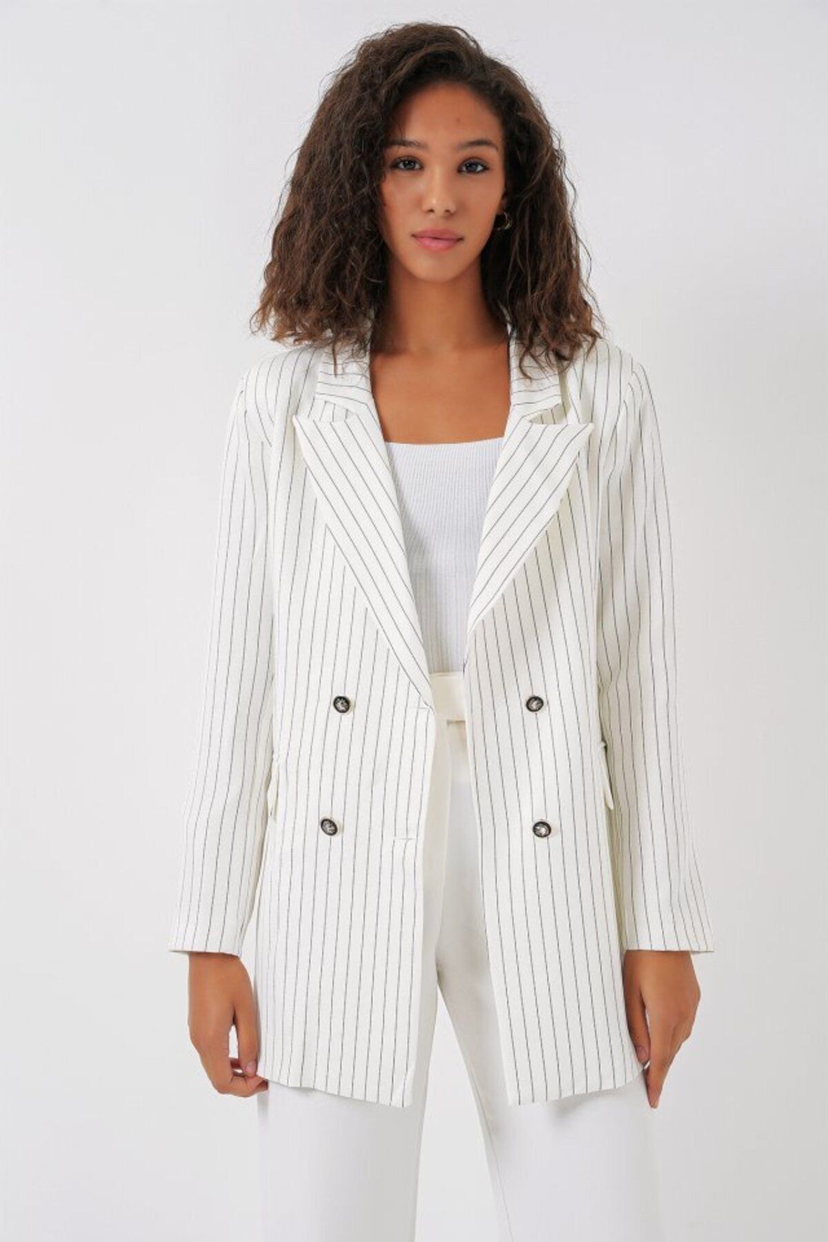 stelol Beyaz Çift Düğmeli Çizgili Blazer Ceket 0699