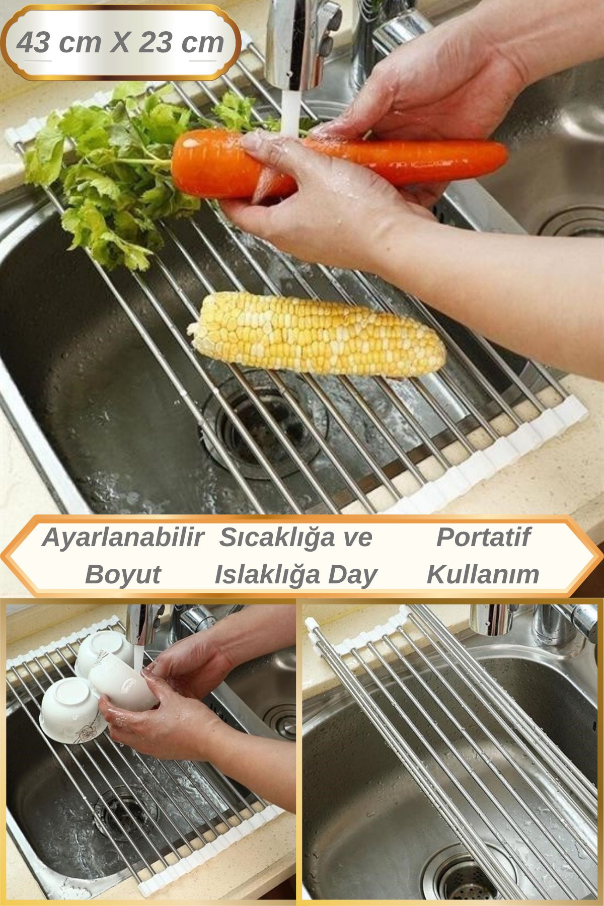 Hane Dostu Ayarlanabilir Boyut Şık ve Modern Tasarım Paslanmaz Sebze Meyve Bulaşık Kurutma Evye Süzgeç