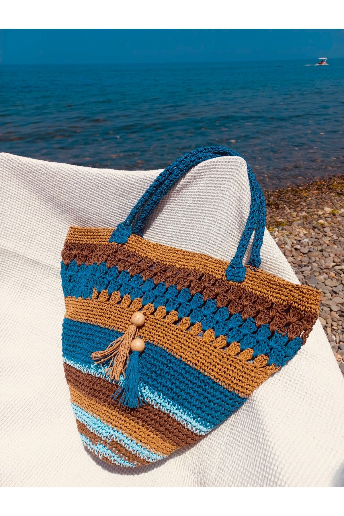 Beril Yamaç Design Studio Blue Shopper Örgü Çanta / Hasır Çanta / Rafya Çanta / Yazlık Çanta / Bohem Çanta / Kağıt Ip Çanta