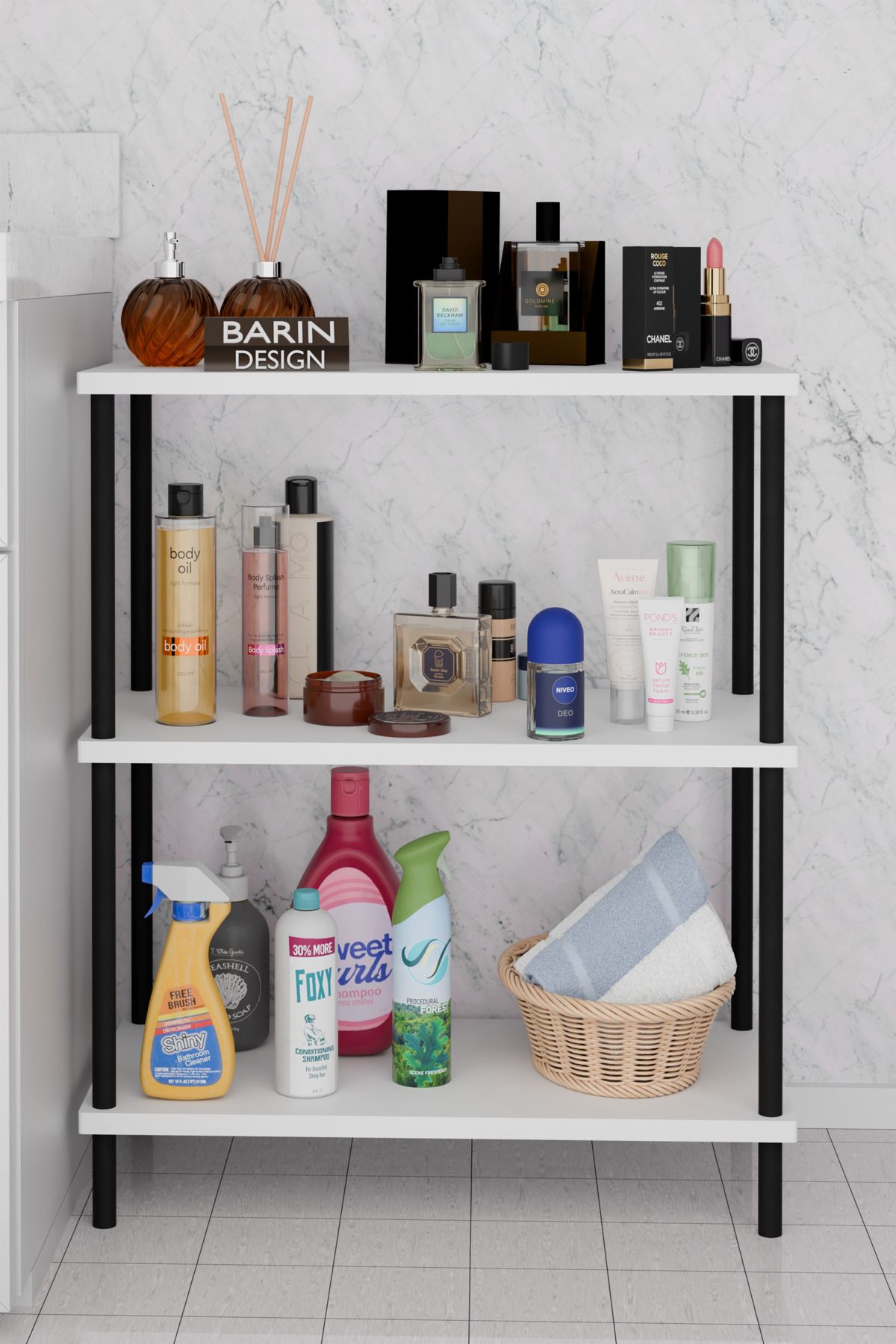 BARIN DESIGN 3 Raflı Çevir Kur Banyo Rafı Çok Amaçlı Düzenleyici Açık Raflı Dolap, Metal Gövdeli Organizer Raf