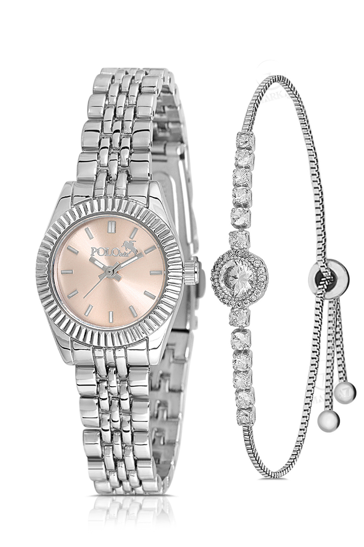 Polo Air Zarif Kadın Kol Saati Zirkon Taşlı Yuvarlak Bileklik Kombin Gümüş Açık Pembe Renk PL-1553B4