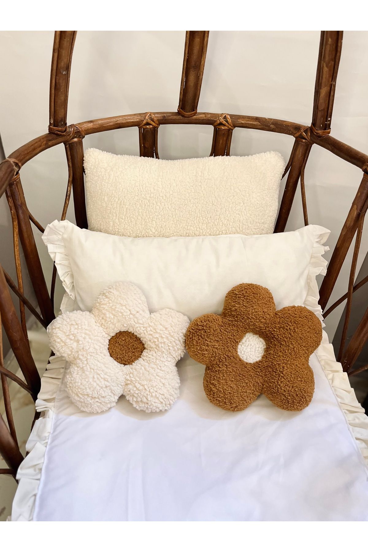 Cherry Bloom Cotton 2'li Peluş Papatya Yastık Mini 20 cm Ekru Kahve
