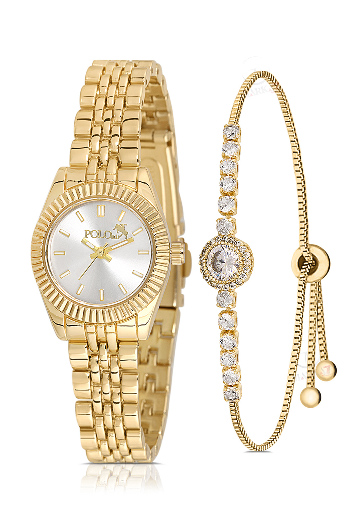 Polo Air Zarif Kadın Kol Saati Zirkon Taşlı Yuvarlak Bileklik Kombin Gold Renk PL-1553B1