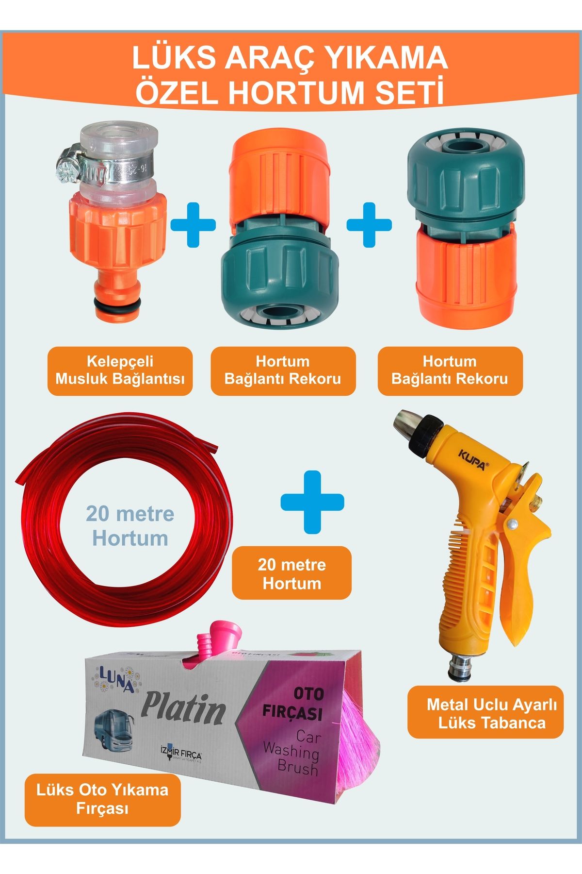 sayım plastik 20 Metre Oto Yıkama Hortum Seti – Metal Tabanca + 9 cm Fırça + 5 Parça Bağlantı Aparatı