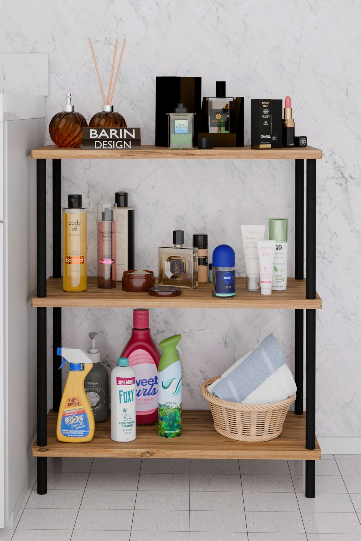 BARIN DESIGN 3 Raflı Çevir Kur Banyo Rafı Çok Amaçlı Düzenleyici Açık Raflı Dolap, Metal Gövdeli Organizer Raf
