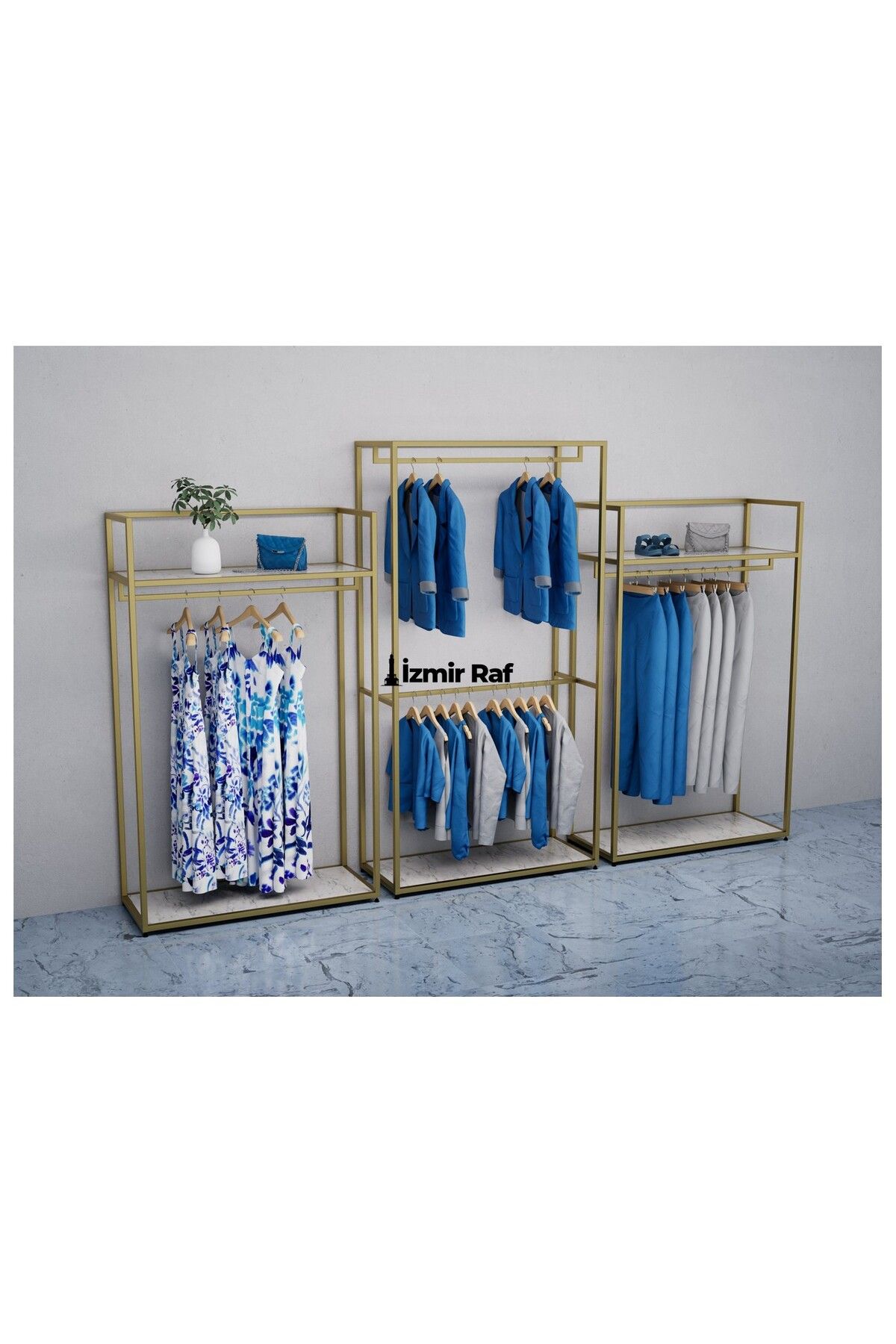 İzmir Raf Butik Mağaza Düz Kenarlı Gold Üçlü Askılık Stand