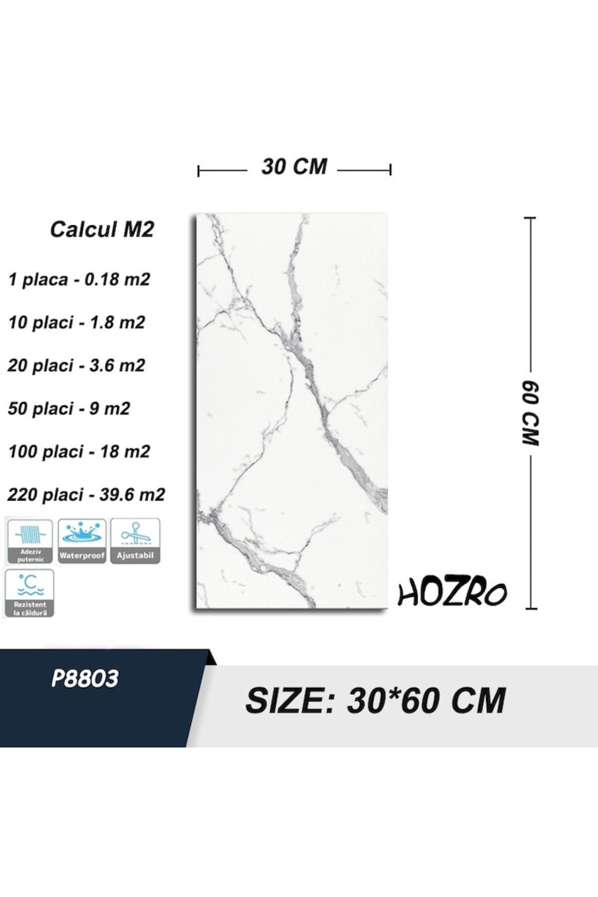 HOZRO-Set 220 x Marble-Like Self-Adhesive Tiles HOZRO, Abstract Design, Covers 39.6 sqm, Modern Design, Ea 3