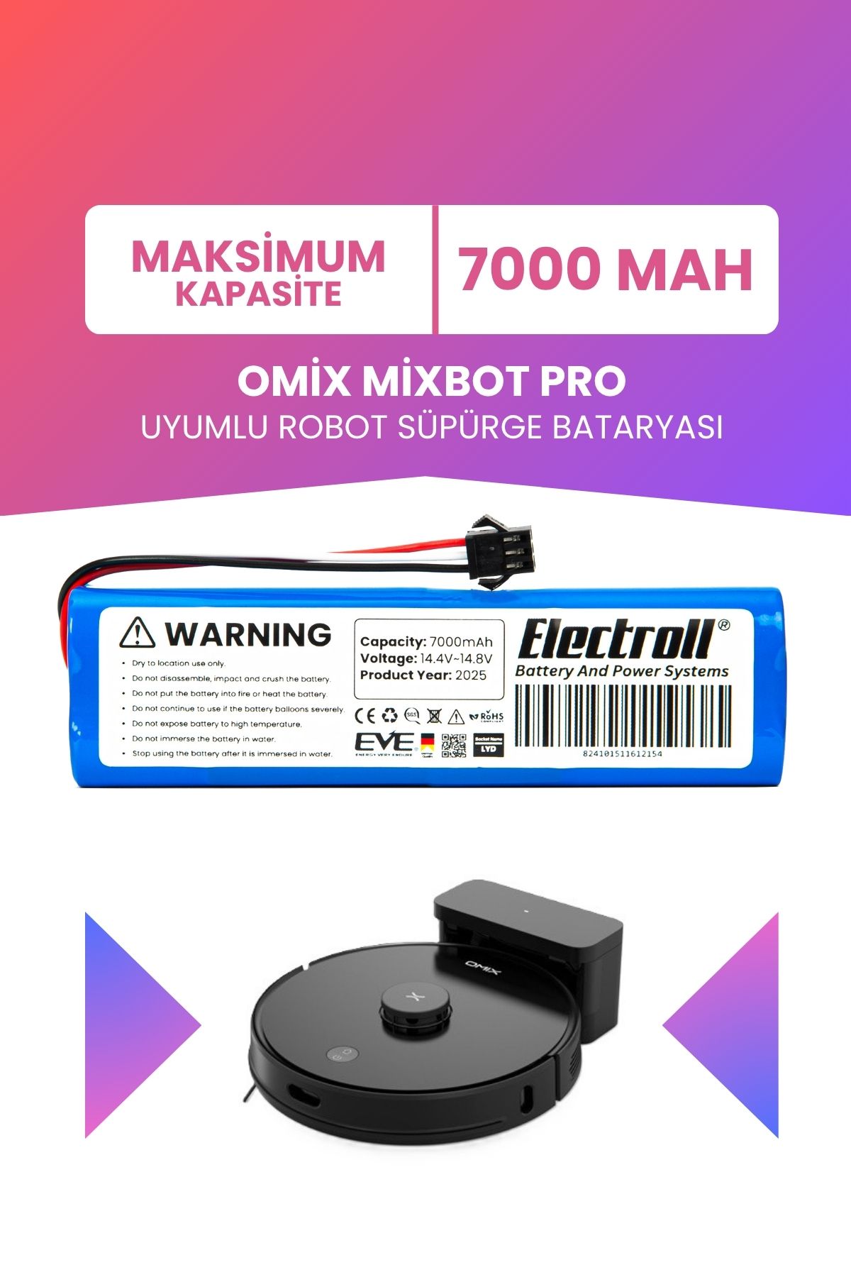ELECTROLL Omix Mixbot Pro Uyumlu Batarya (MAKSİMUM KAPASİTE) 7000mah Pil Robot Süpürge Bataryası