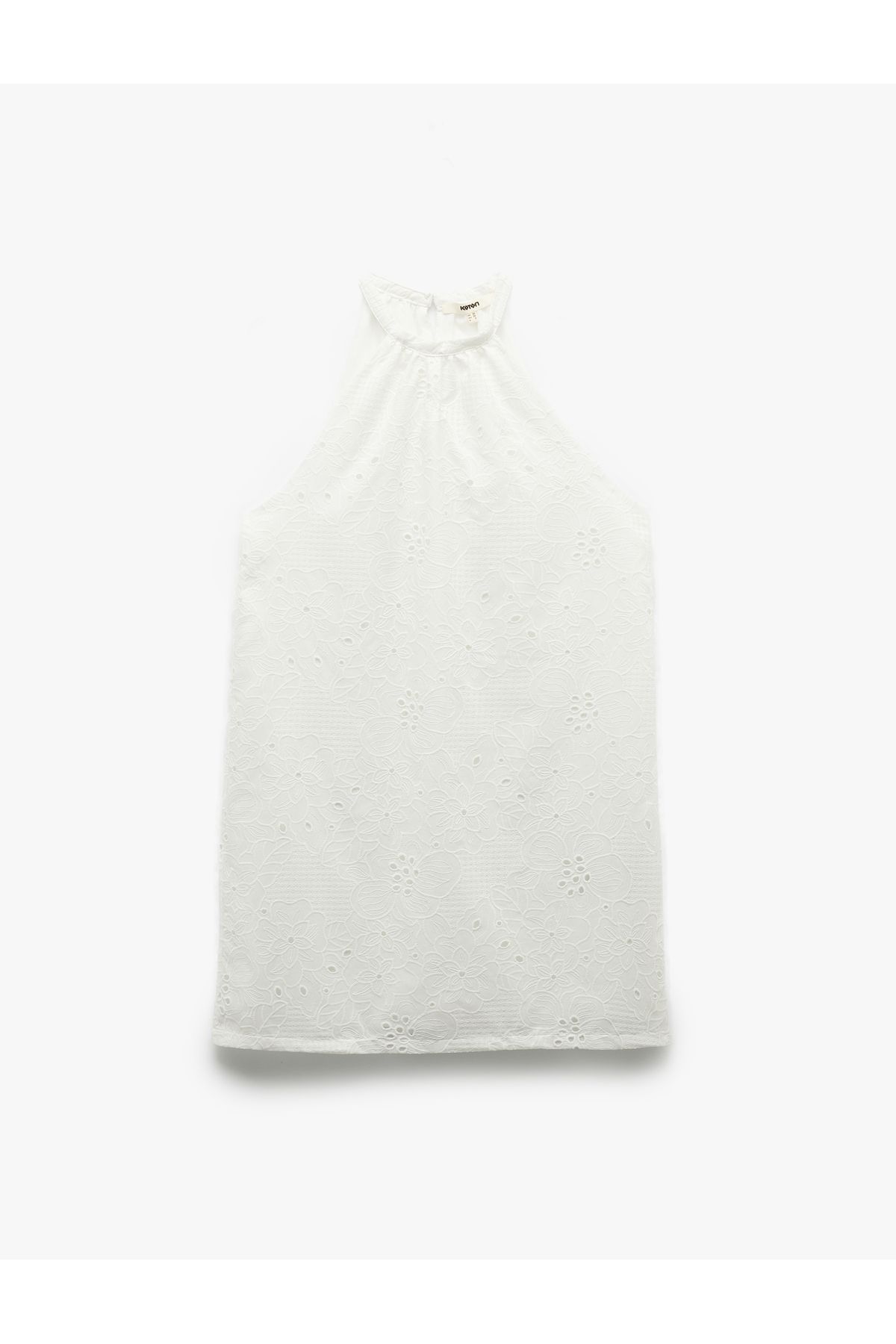 Koton Pamuklu Kolsuz Brodeli Fistolu Çiçekli Halter Yaka Mini Elbise