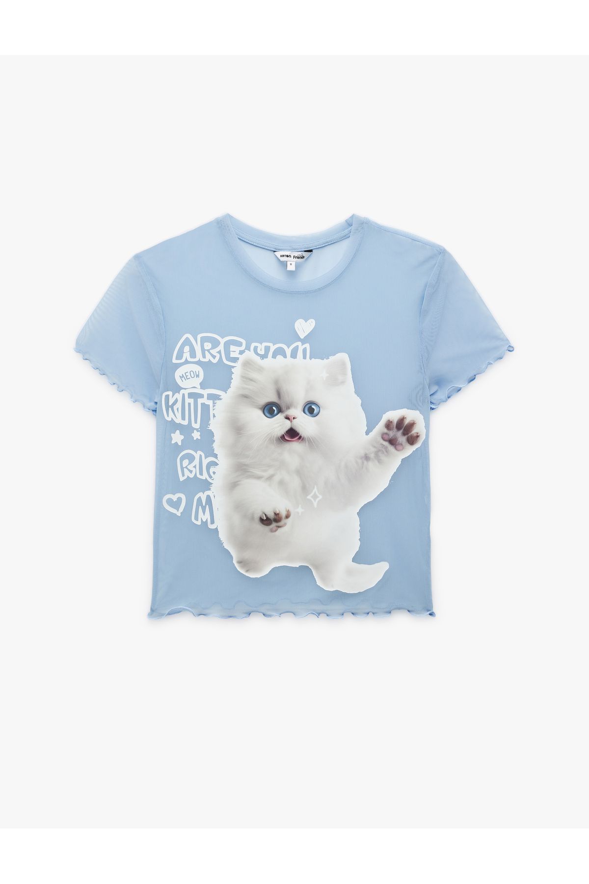 Koton Kısa Kollu Bisiklet Yaka Slim Fit Kedi Baskılı Crop Tişört