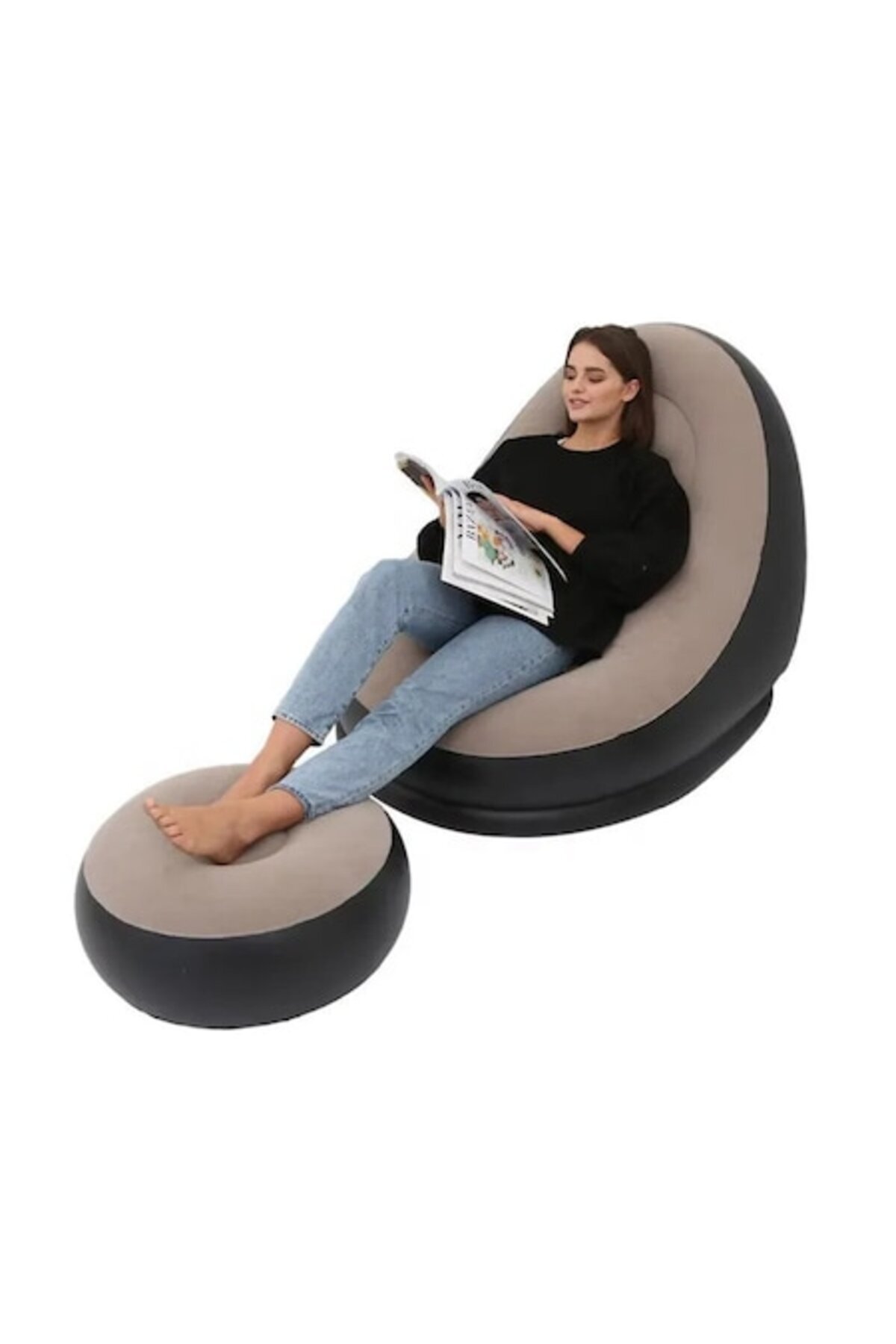 HOZRO-HOZRO inflatable armchair with stool – style, relaxation and functionality, Beige 1