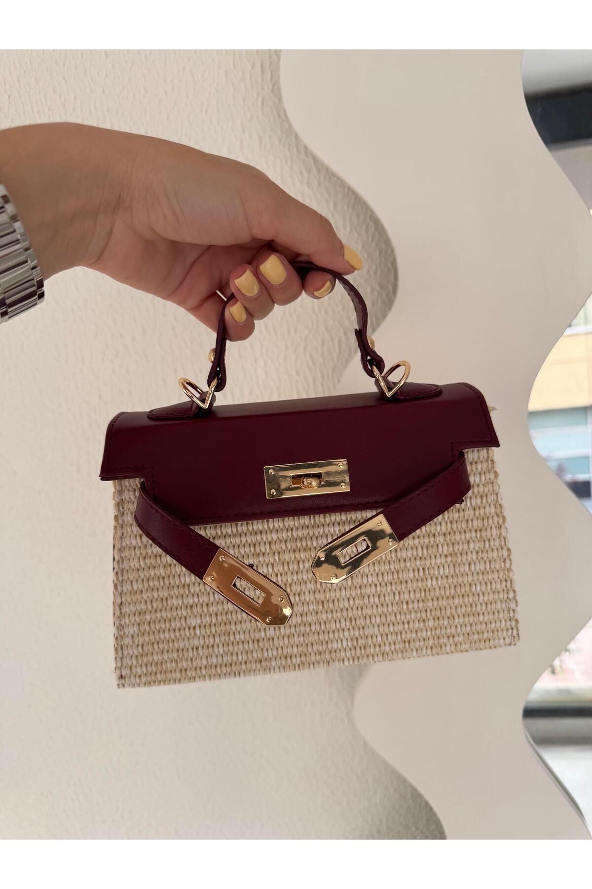 Tina İstanbul Kapaklı Kemer Aksesuarlı Hasır Çanta Bordo