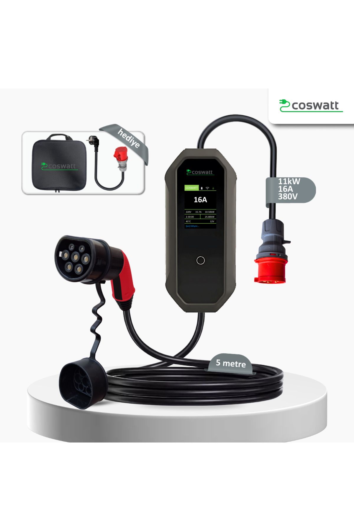 Coswatt Elektrikli Araç Taşınabilir Şarj Cihazı 11 kW / 16A / Tip-2 / 5x16A Fiş / 5M / 380V AC