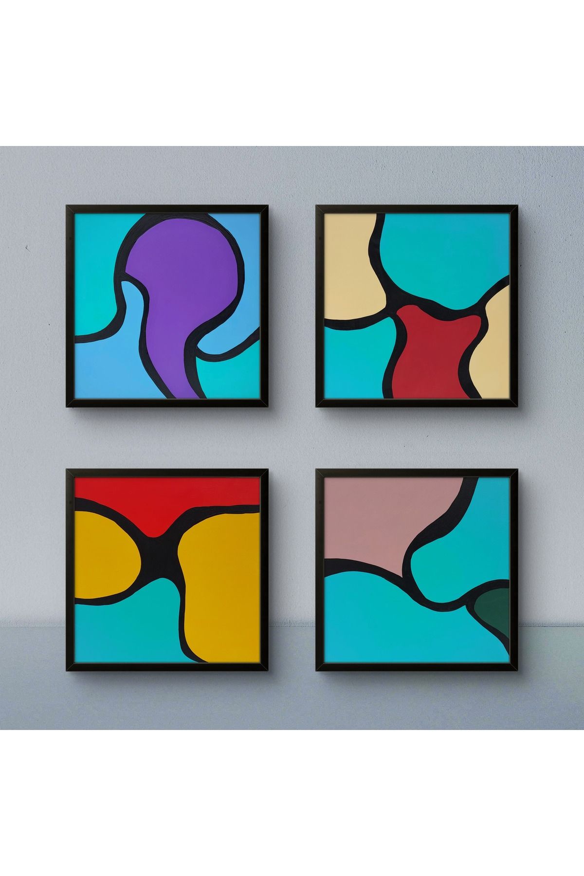 Feoly Art Modern Soyut 4’lü Tablo Seti – El Boyaması – 22x22 Ev Dekorasyon Tablosu – MDF Üzeri Akrilik