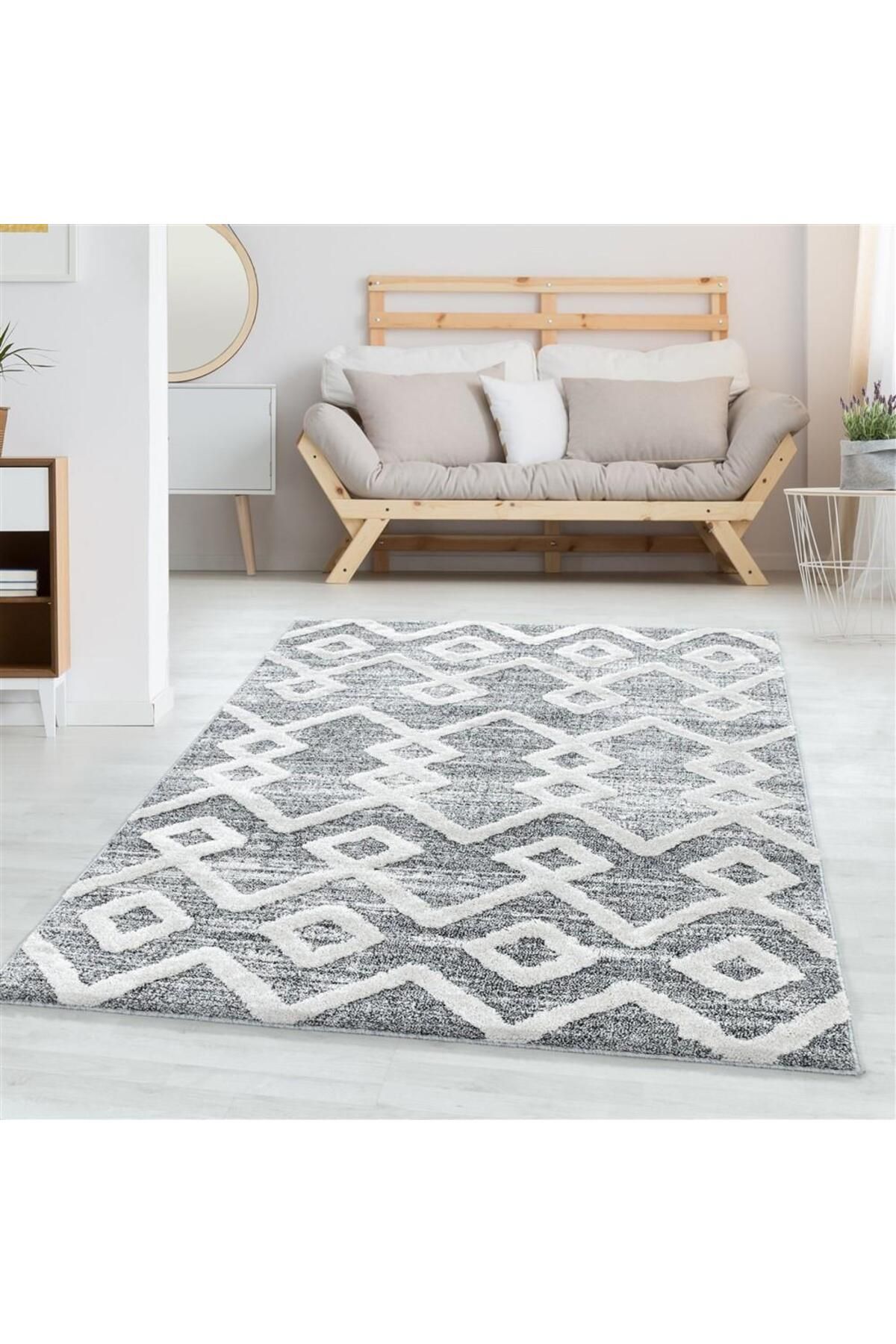 Karpetica İskandinav Salon Halısı Bukle Taban kabartmalı Motif desenli Gri Dokuma Halı