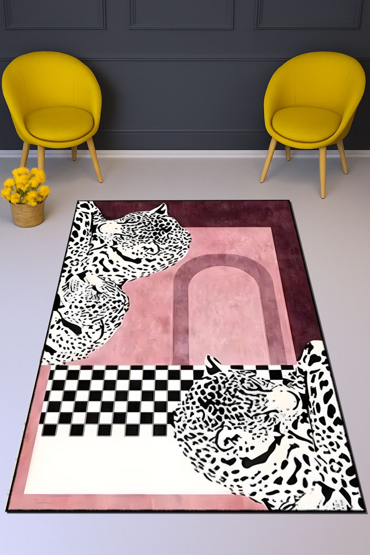 Rugs Modern Halı Leyla Koleksiyonu Dama Ve İki Leopar Desenli Dokuma Taban Modern Dekoratif Halı leyla81
