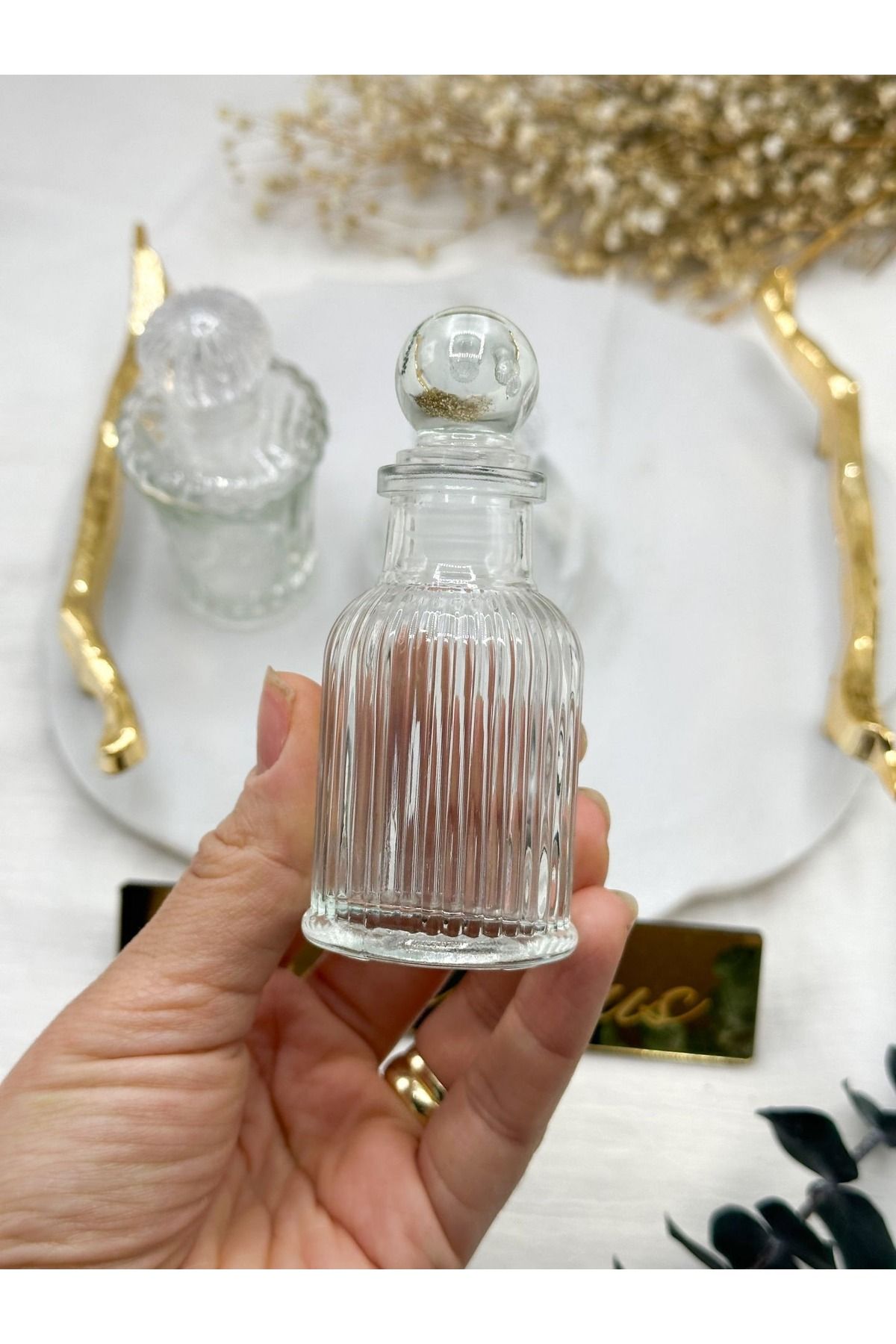 Nikah Şekeri Market 50cc Cam Kapaklı Çizgili Lüks Cam Şişe 40 Adet Söz Nişan Nikah Şekeri Süsleme Ve Konsept
