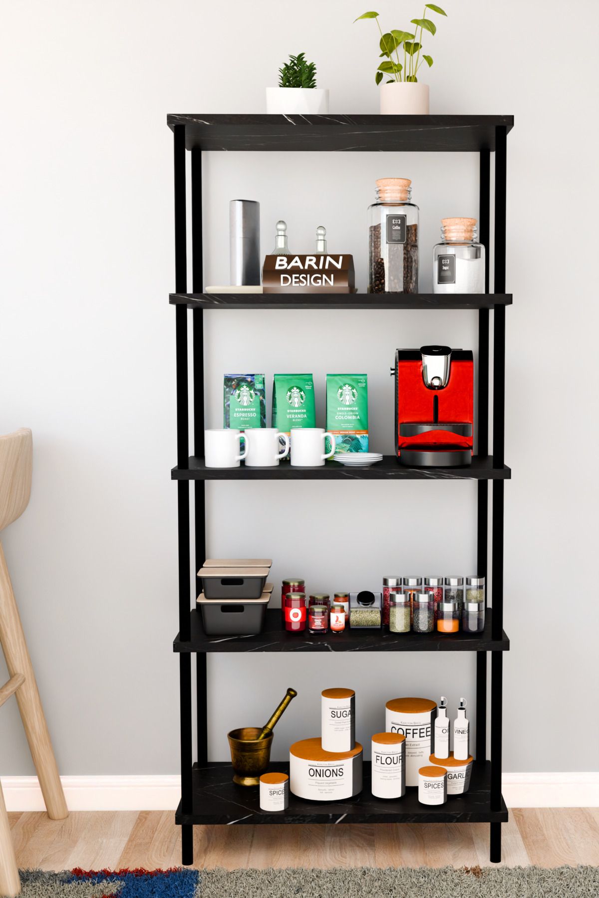 BARIN DESIGN 5 Raflı Çevir Kur Çok Amaçlı Raf Mutfak, Kiler, Ofis, Depo Kullanımına Uygun Açık Raflı Düzenleyici