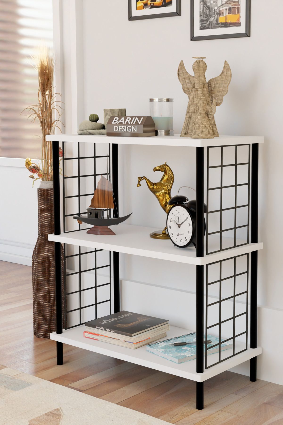 BARIN DESIGN 3 Katlı Çevir Kur Dekoratif Salon Rafı Tel Yan Panelli Açık Kitaplık, Biblo ve Aksesuar Düzenleyici