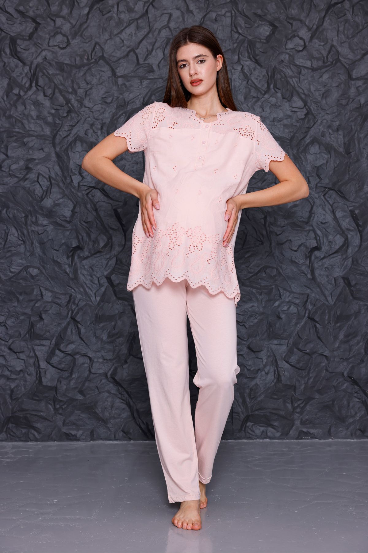 Yulem Homewear Pudra Fisto Keten Lohusa Hamile Pijama Takım