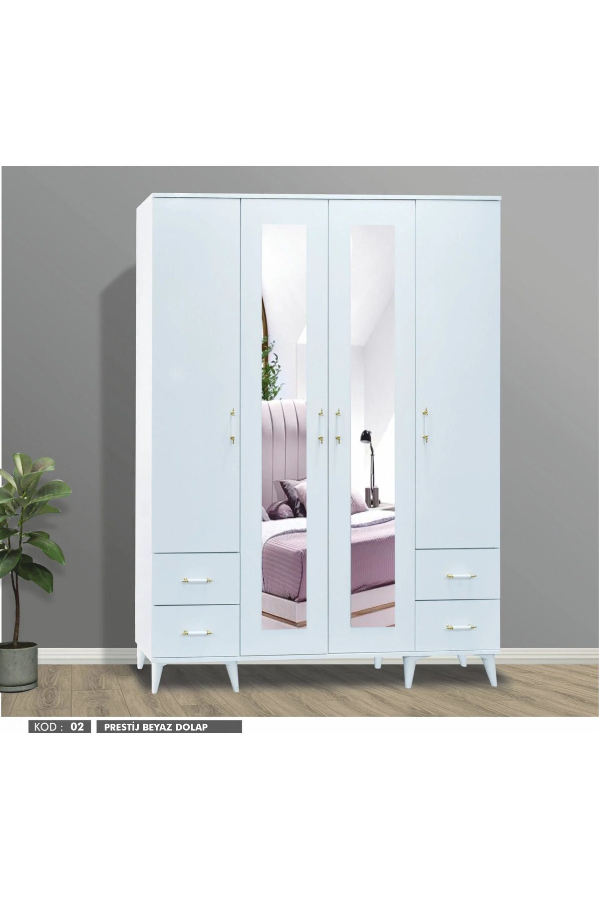 Yuvaset Home PRESTIJ 4 KAPAKLI BEYAZ DOLAP