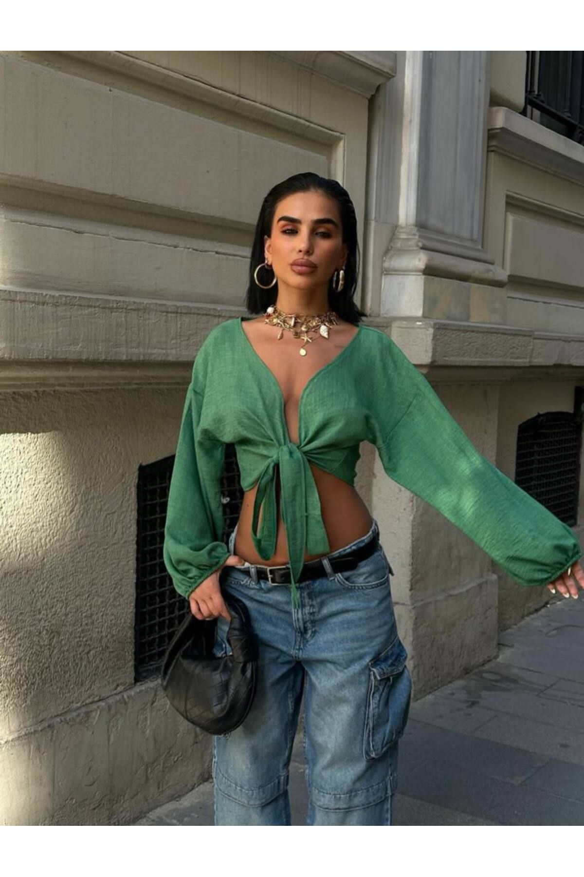 NovaRopa Kadın Yeşil Bağlamalı Crop Bluz-BQ8010