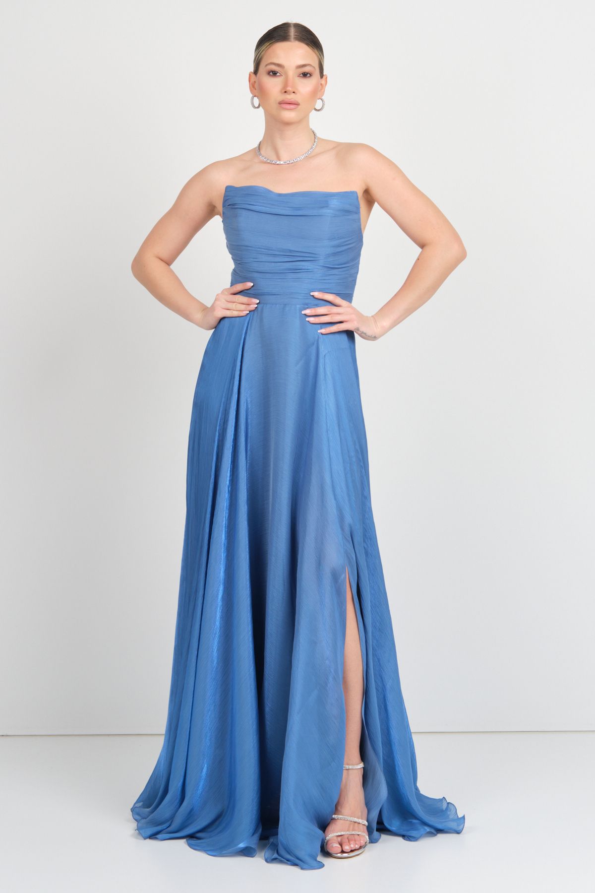 DORİDORCA Doridorca Kadın Straplez Şifon Maxi Boy Abiye Elbise 7066 Indigo