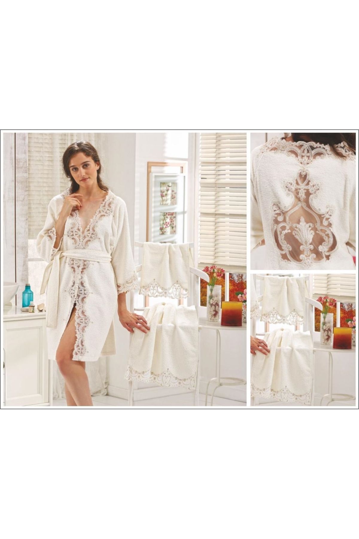 Elvira Home Collection Eh Krem Kadın Fransız Dantelli %100 Pamuk 3 Parça Çeyizlik Balayı Gelin Hamamı Bornoz Takımı Seti