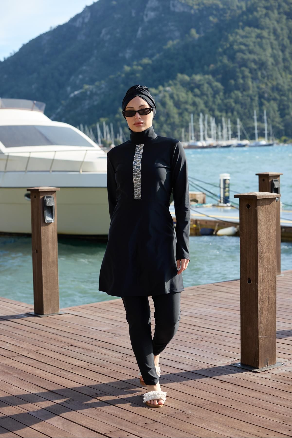 NS TASARIM MAYO-Mira Model Stone Striped Lycra Design Hijab Double Swimsuit Set 3