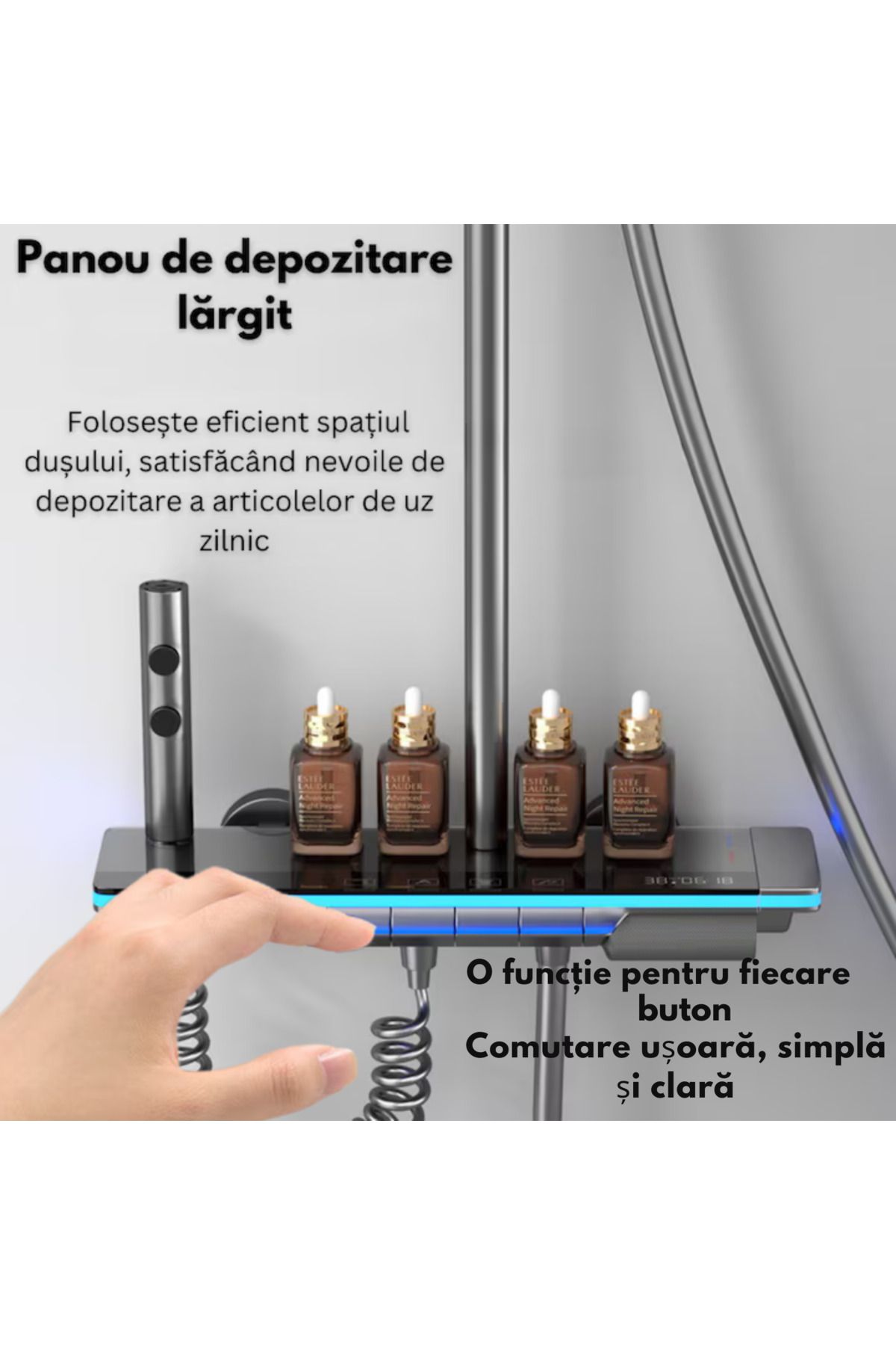 OEM-LED shower set with digital display, thermostat, turbine, 4 functions, adjustable shower, rain, faucet, graphite 4