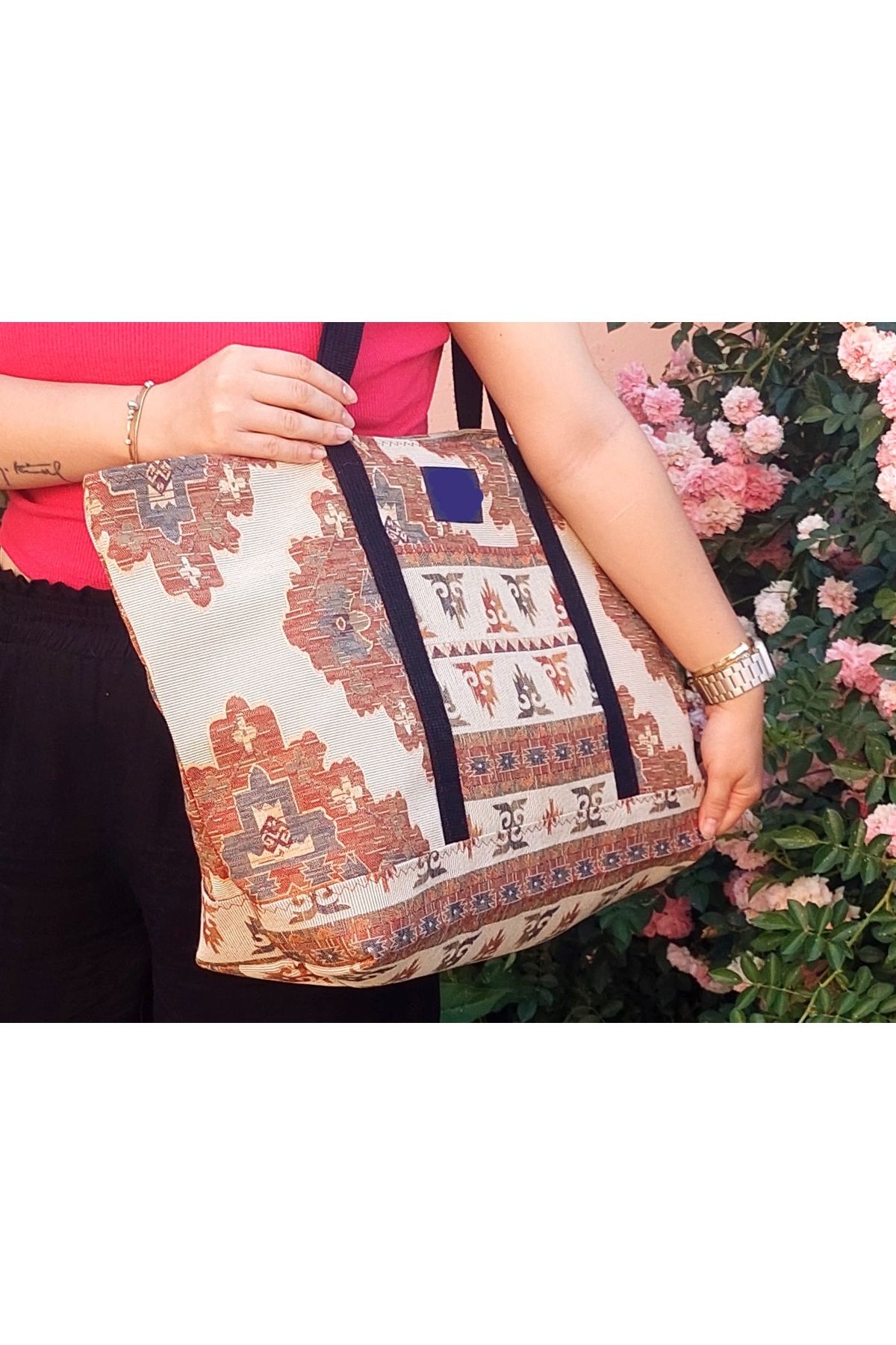 Mio Vero Kilim Desenli Büyük Boy Omuz-Plaj-Alışveriş Çantası Su İticili Astar, Cepli, Fermuarsız